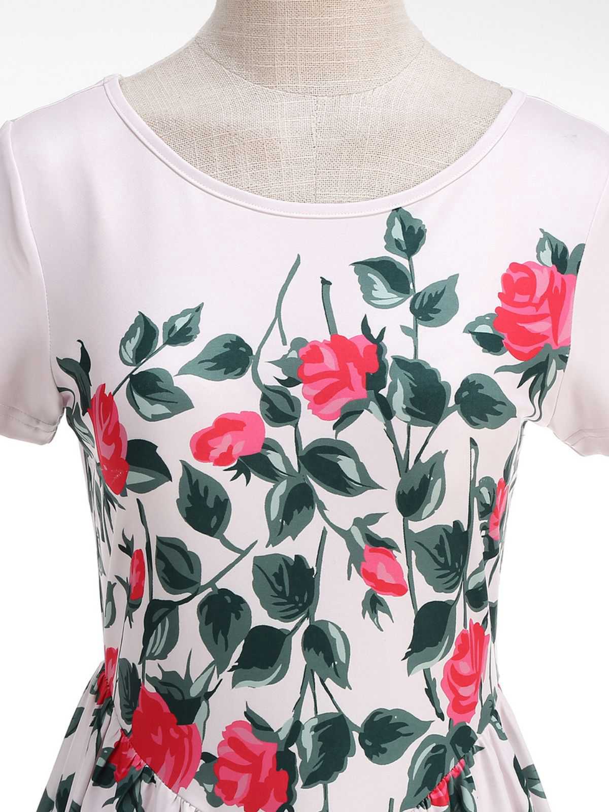 Rosa 1950er Rose & Grün Blatt Swing Kleid - Image 5