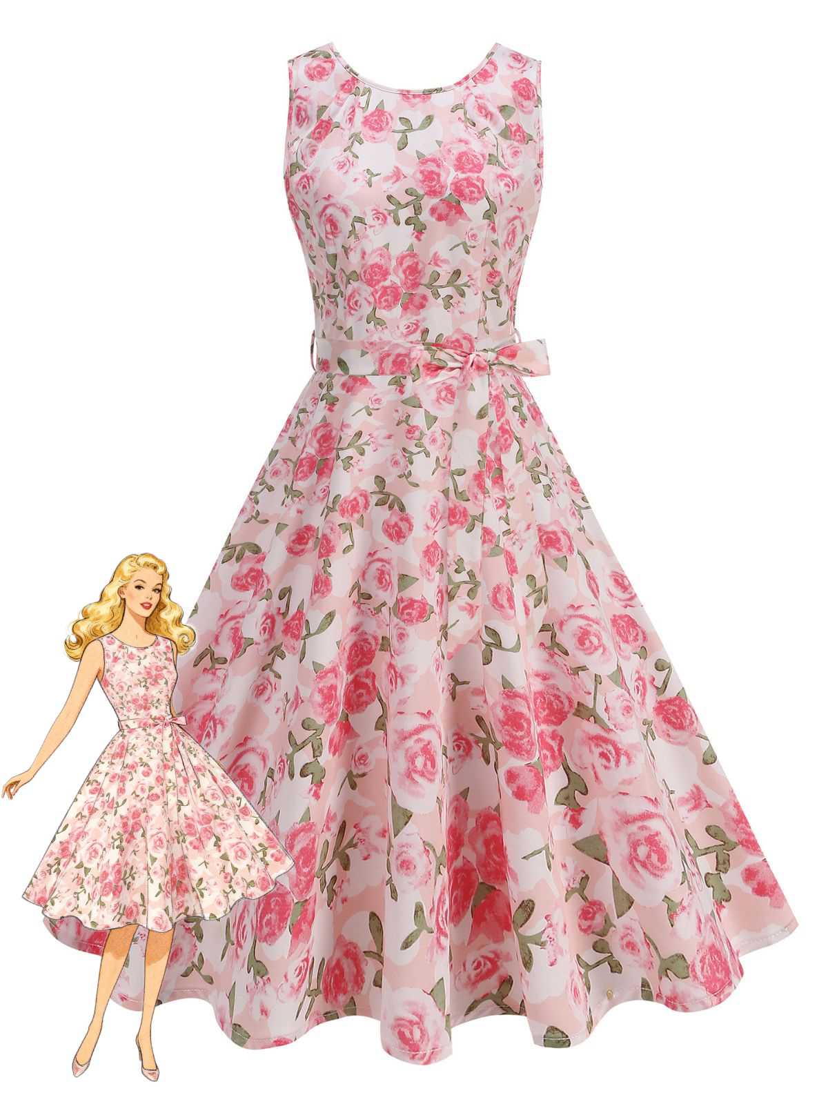 Rosa 1950er Rundhals Rosen Gürtel Kleid