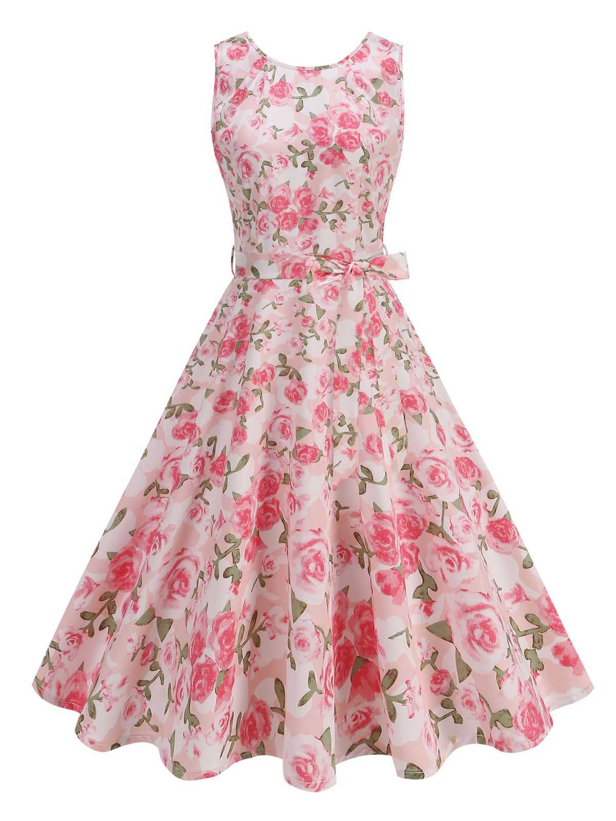 Rosa 1950er Rundhals Rosen Gürtel Kleid - Image 2