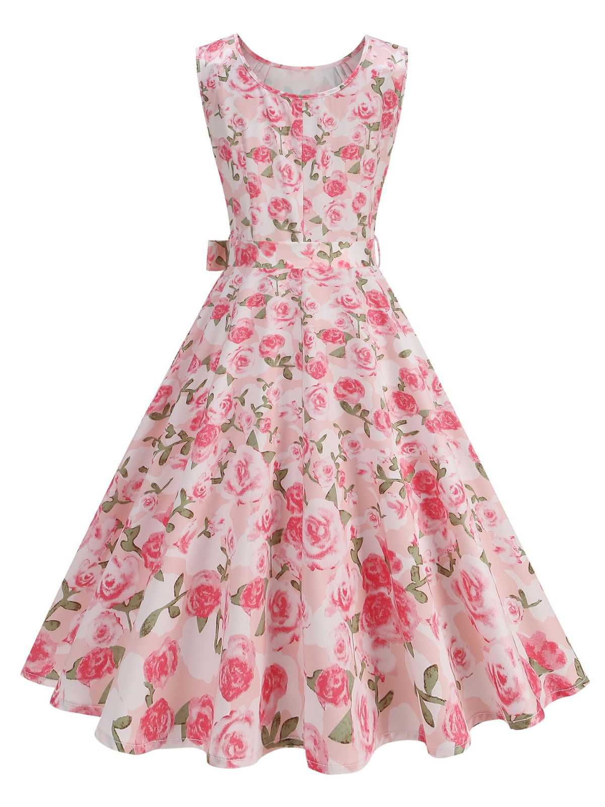 Rosa 1950er Rundhals Rosen Gürtel Kleid - Image 3