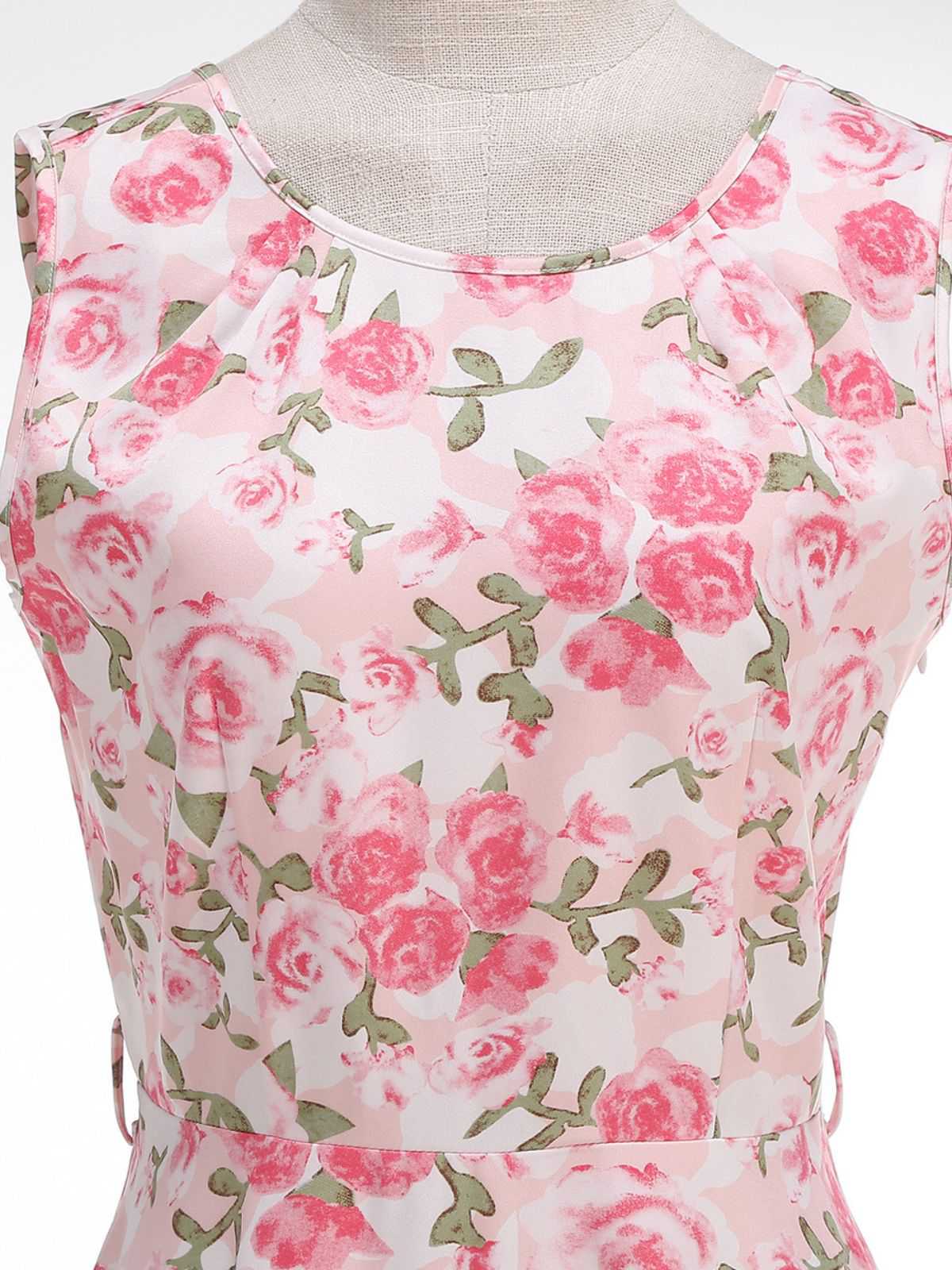 Rosa 1950er Rundhals Rosen Gürtel Kleid - Image 4