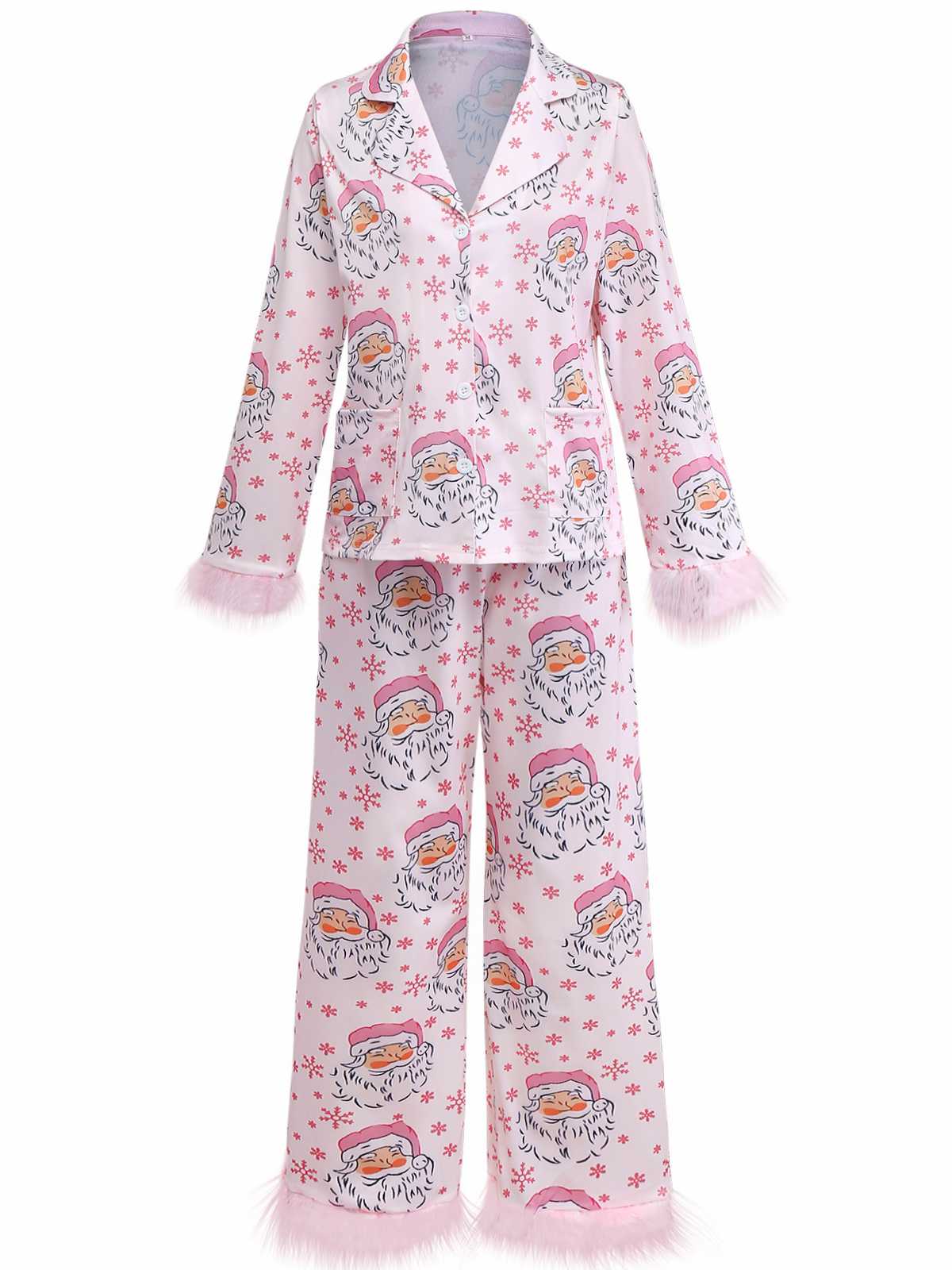 Rosa 1950er Santa Muster Pelzbesatz Pyjama Set - Image 2