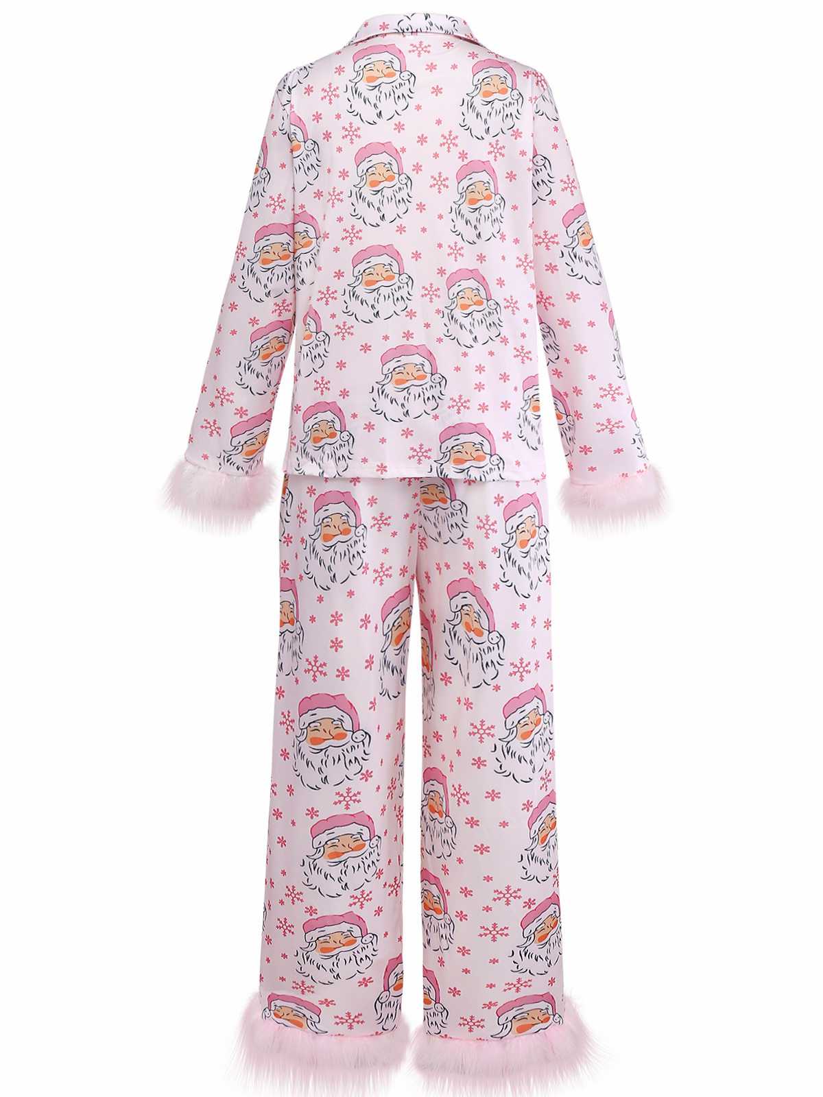 Rosa 1950er Santa Muster Pelzbesatz Pyjama Set - Image 3