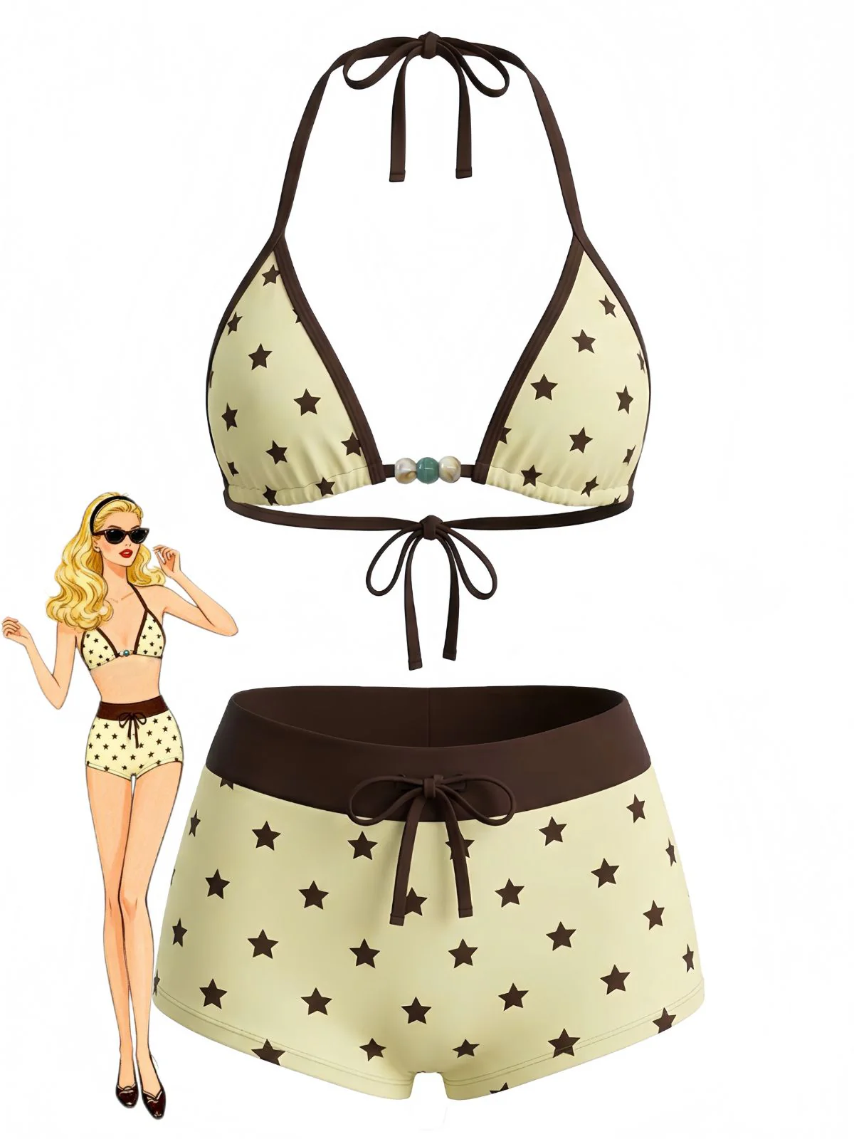 [Vorverkauf] Rosa 1950er Schnür Halter Perlenbesetzt Polka Dot Bikini Set - Image 2