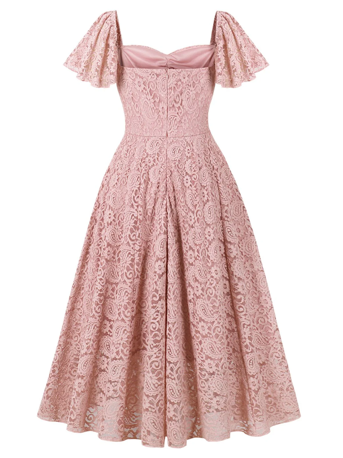 Rosa 1950er Solide Spitze Herzförmiger Hals Kleid - Image 2