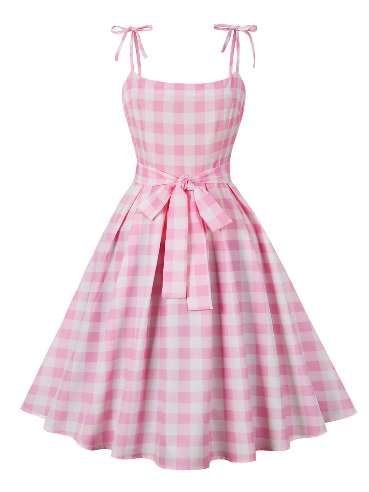 Rosa 1950er Spaghettiträger Plaid Bogen Swing Kleid - Image 4