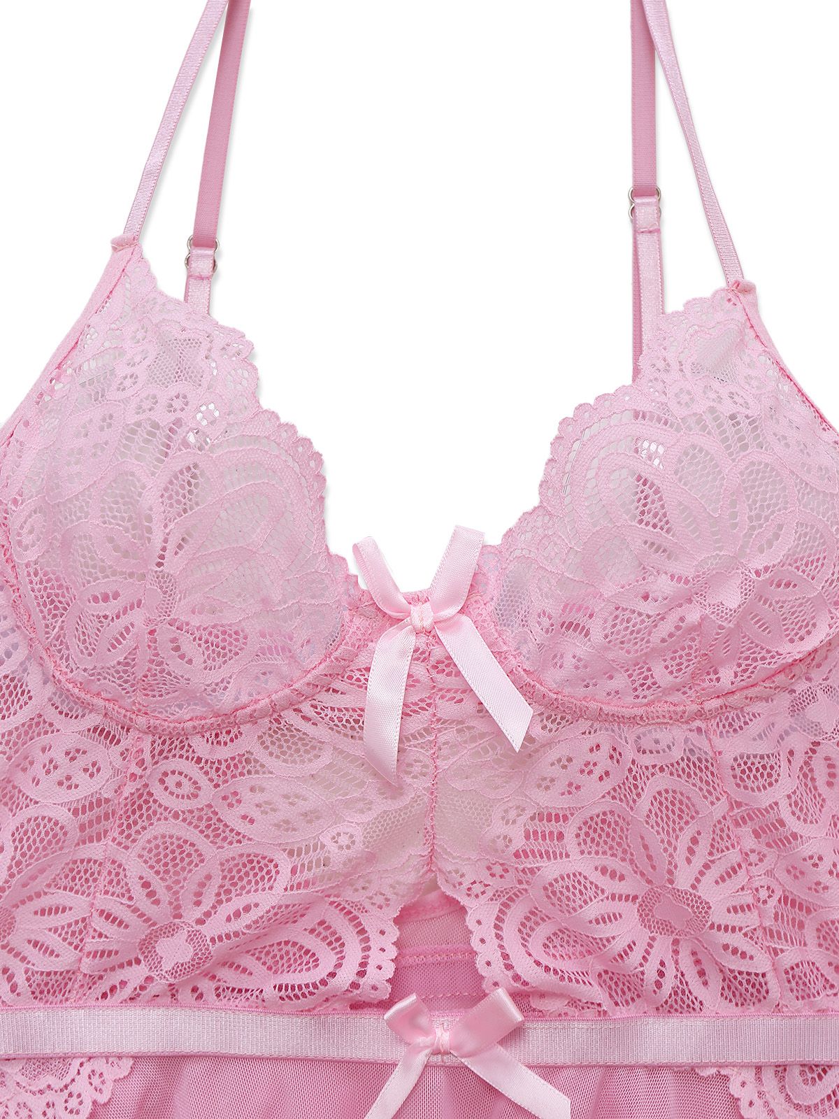 Rosa 1950er Spitze Spaghetti Träger Bogen Nachthemd - Image 3