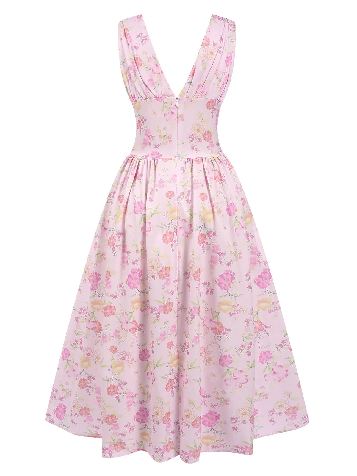 Rosa 1950er Tief V-Ausschnitt Schnürung Blumen Kleid - Image 2
