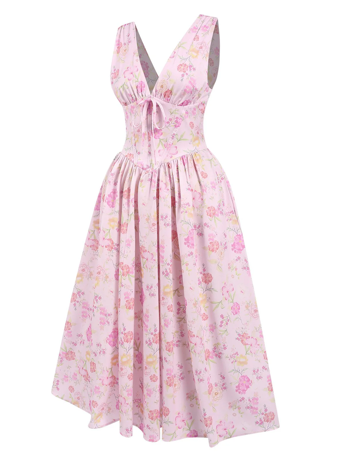 Rosa 1950er Tief V-Ausschnitt Schnürung Blumen Kleid - Image 3