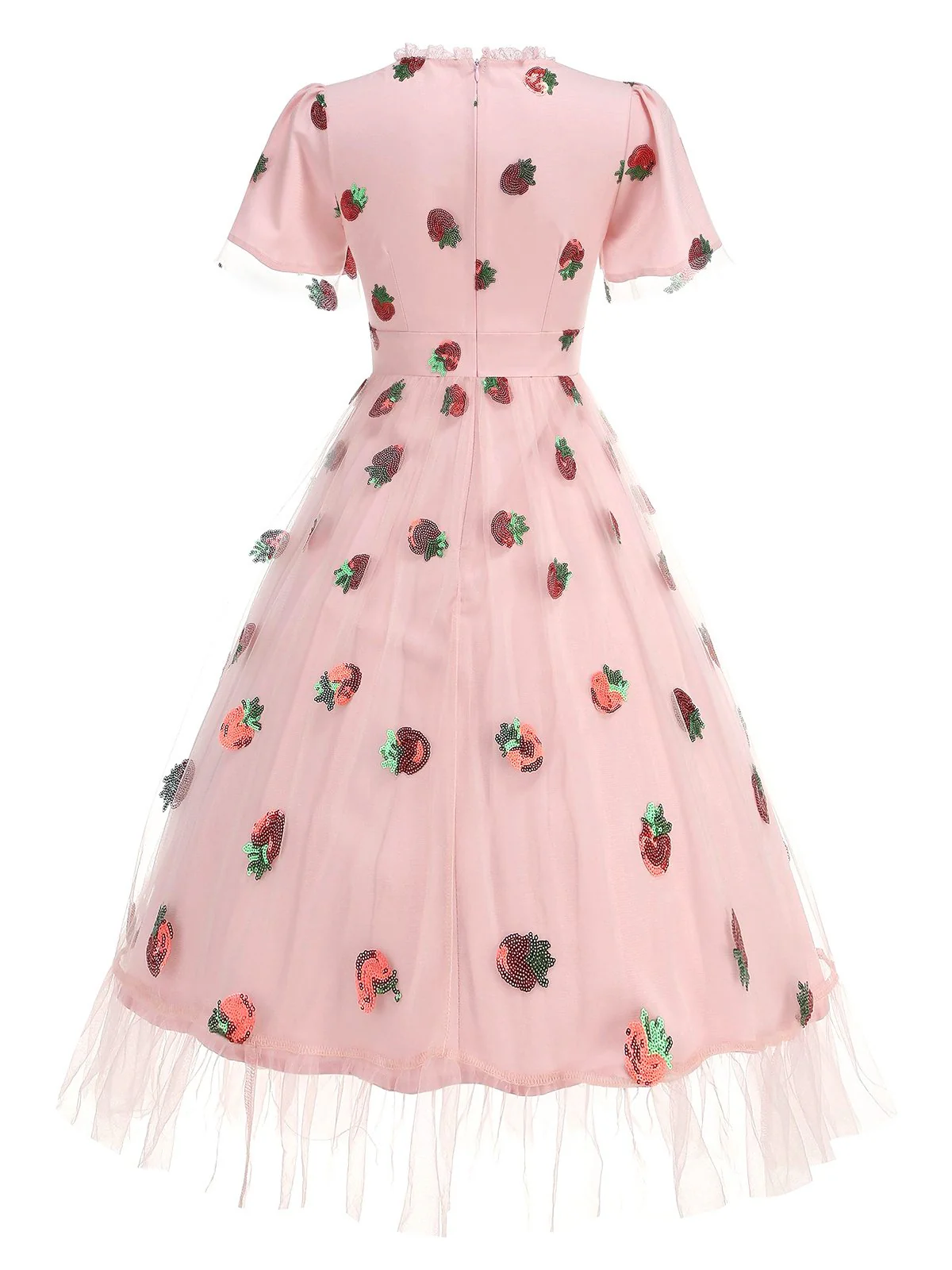 Rosa 1950er V-Ausschnitt Erdbeere Netz Swing Kleid - Image 2