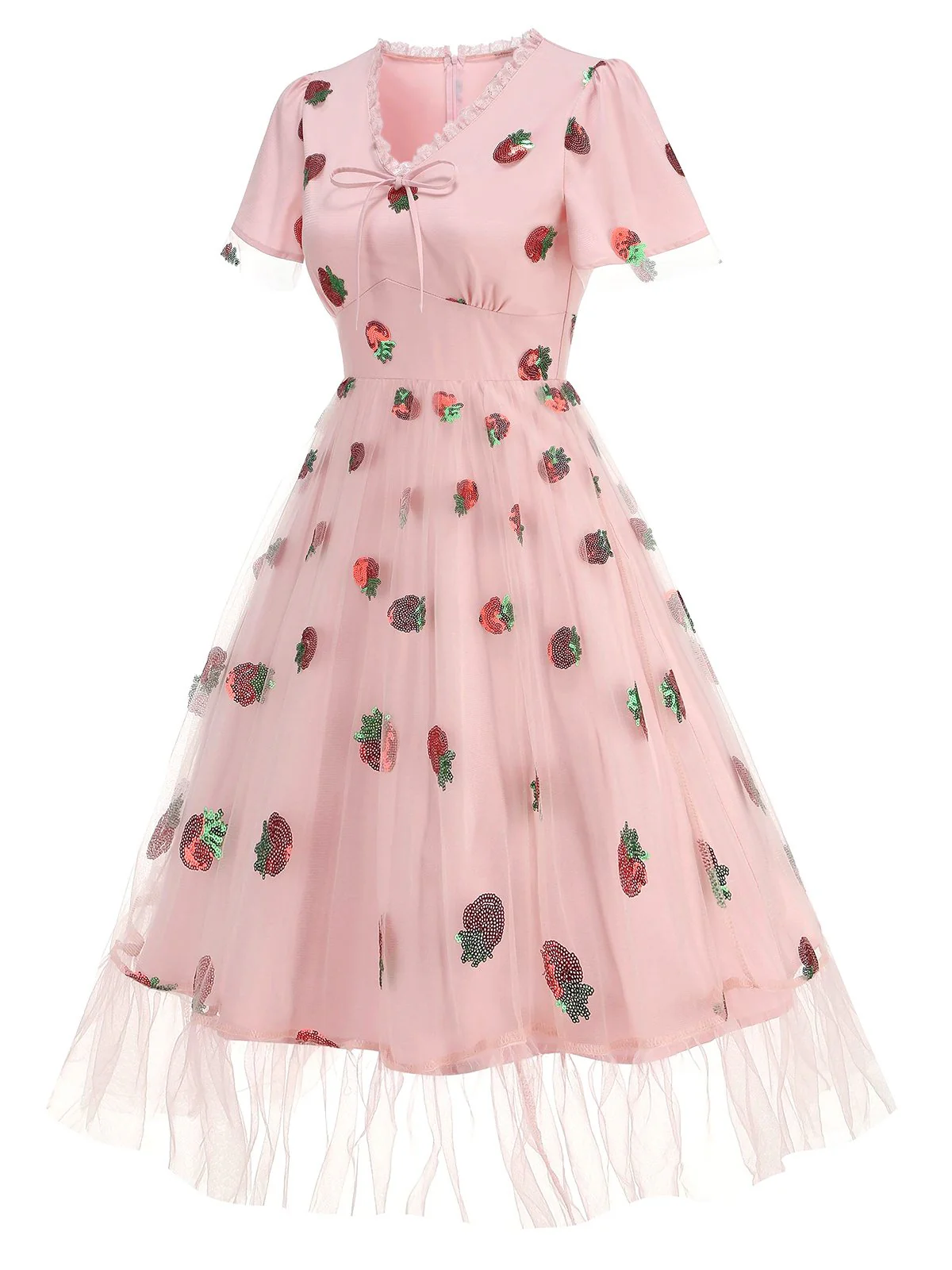 Rosa 1950er V-Ausschnitt Erdbeere Netz Swing Kleid - Image 3