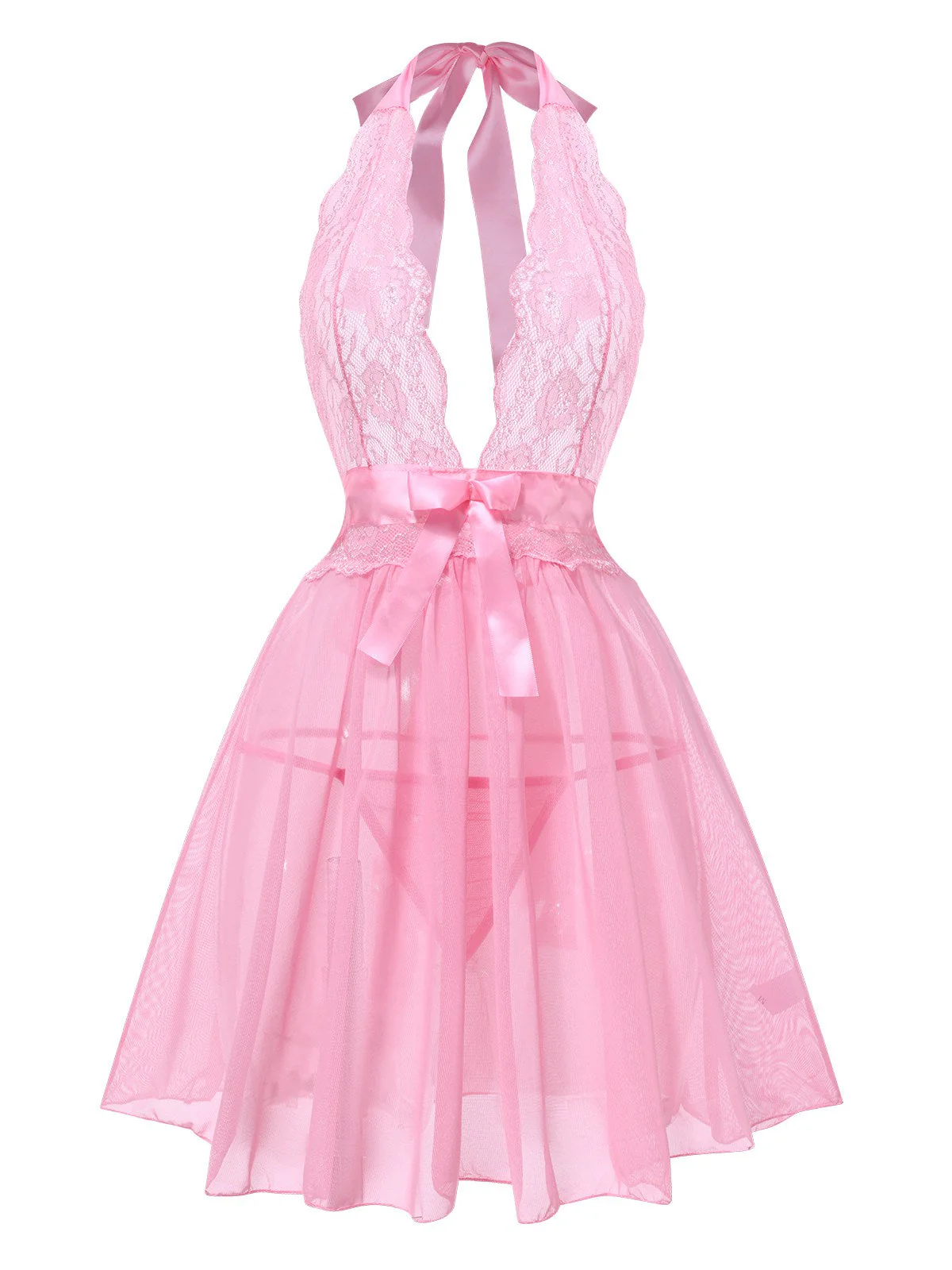 Rosa 1950er V-Ausschnitt Halter Spitze Transparenter Nachthemden