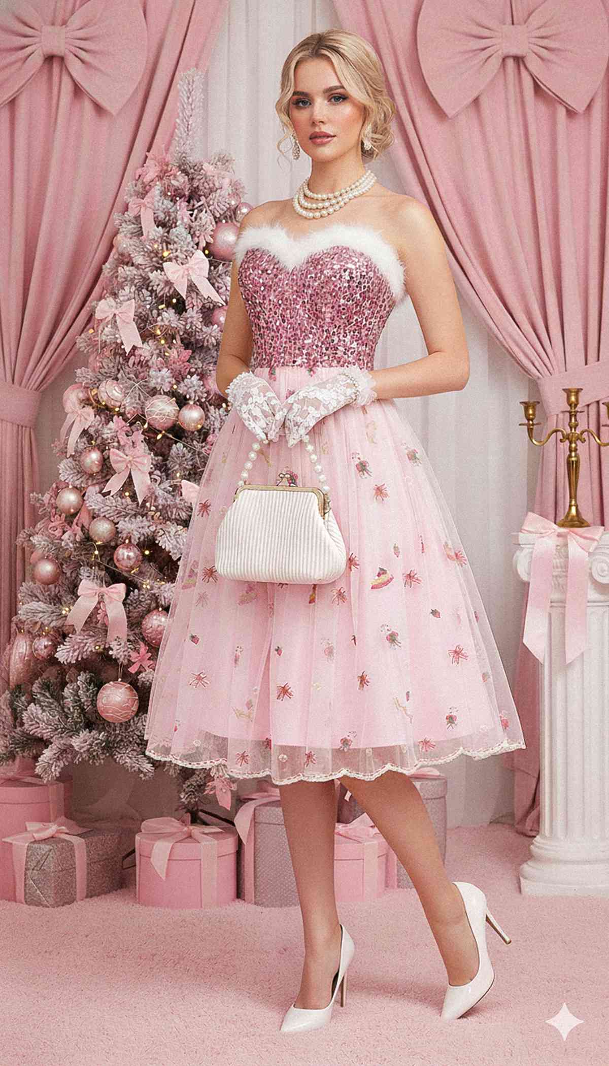 Rosa 1950er Weihnachten Pelzig Trägerlos Pailletten Netz Kleid - Image 2