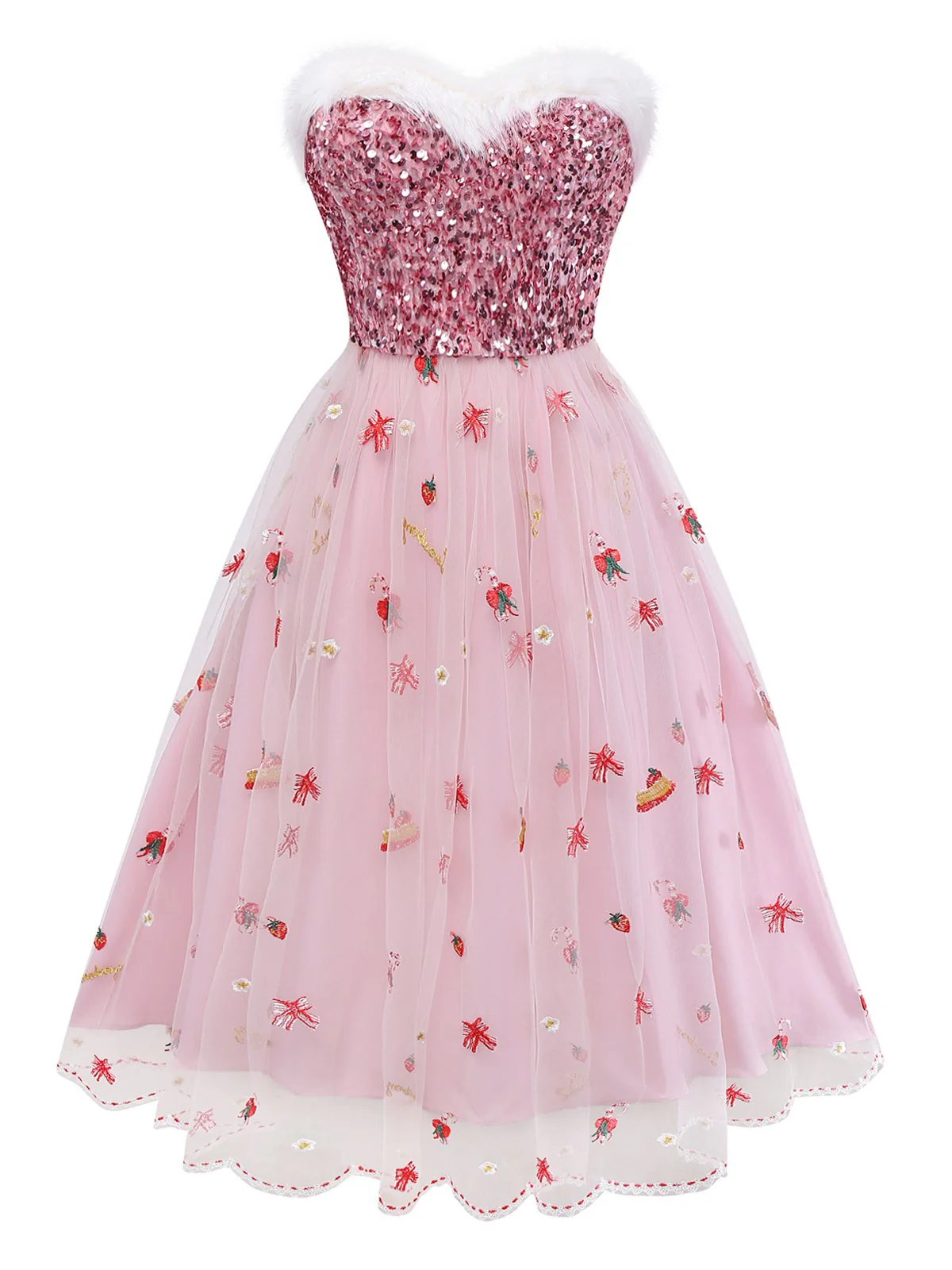 Rosa 1950er Weihnachten Pelzig Trägerlos Pailletten Netz Kleid - Image 3