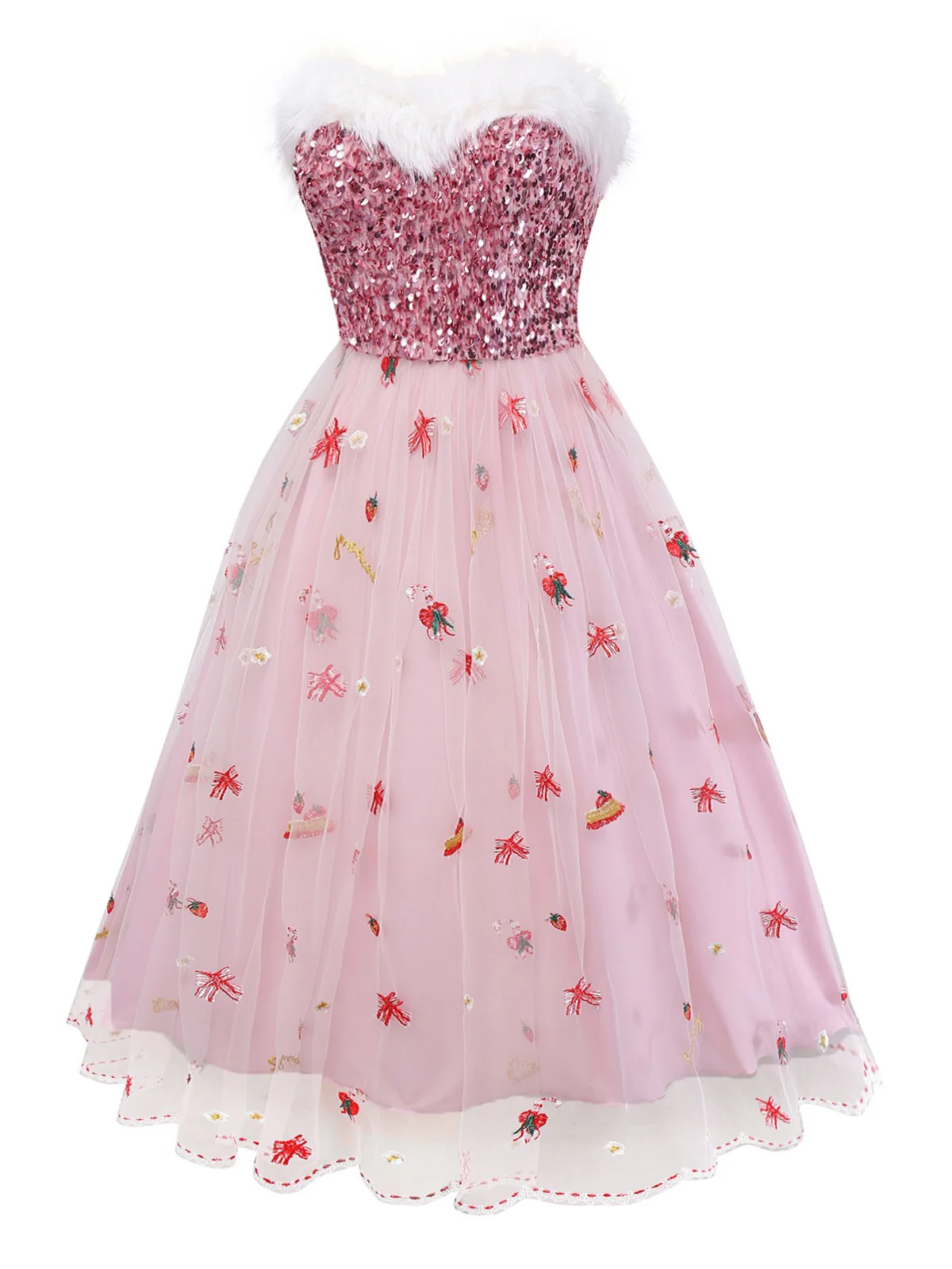Rosa 1950er Weihnachten Pelzig Trägerlos Pailletten Netz Kleid - Image 4
