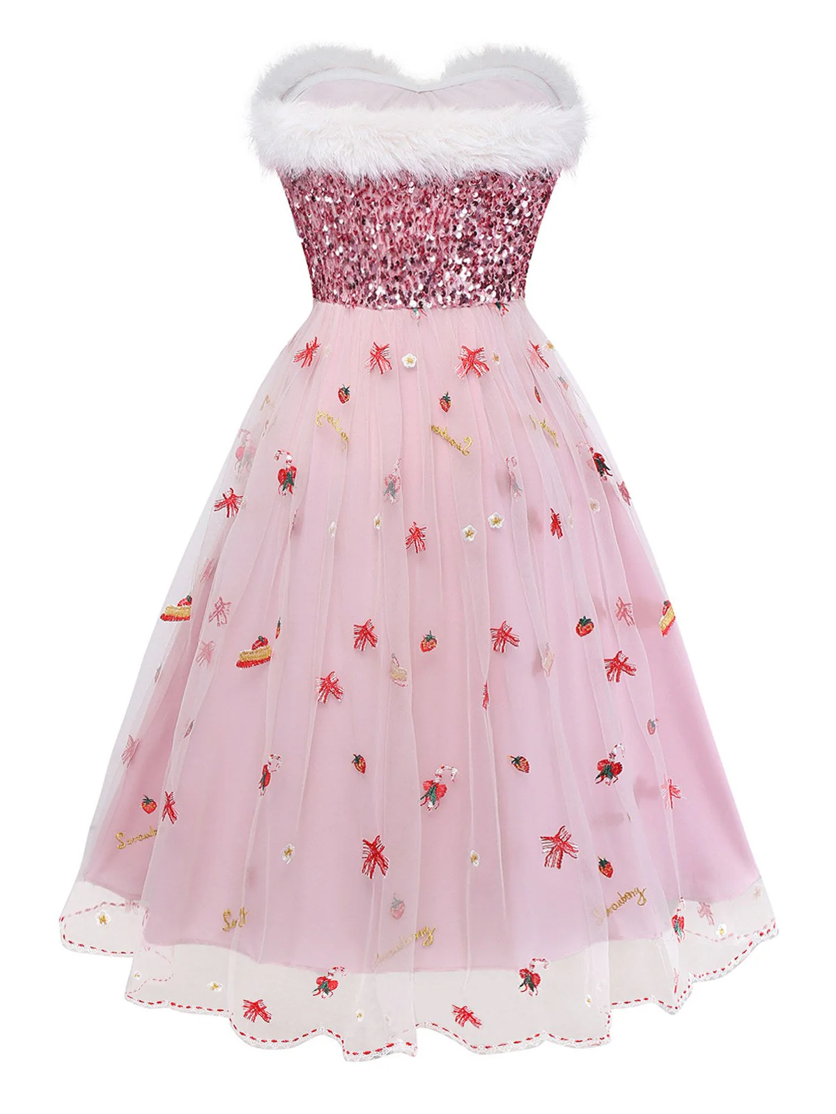 Rosa 1950er Weihnachten Pelzig Trägerlos Pailletten Netz Kleid - Image 5