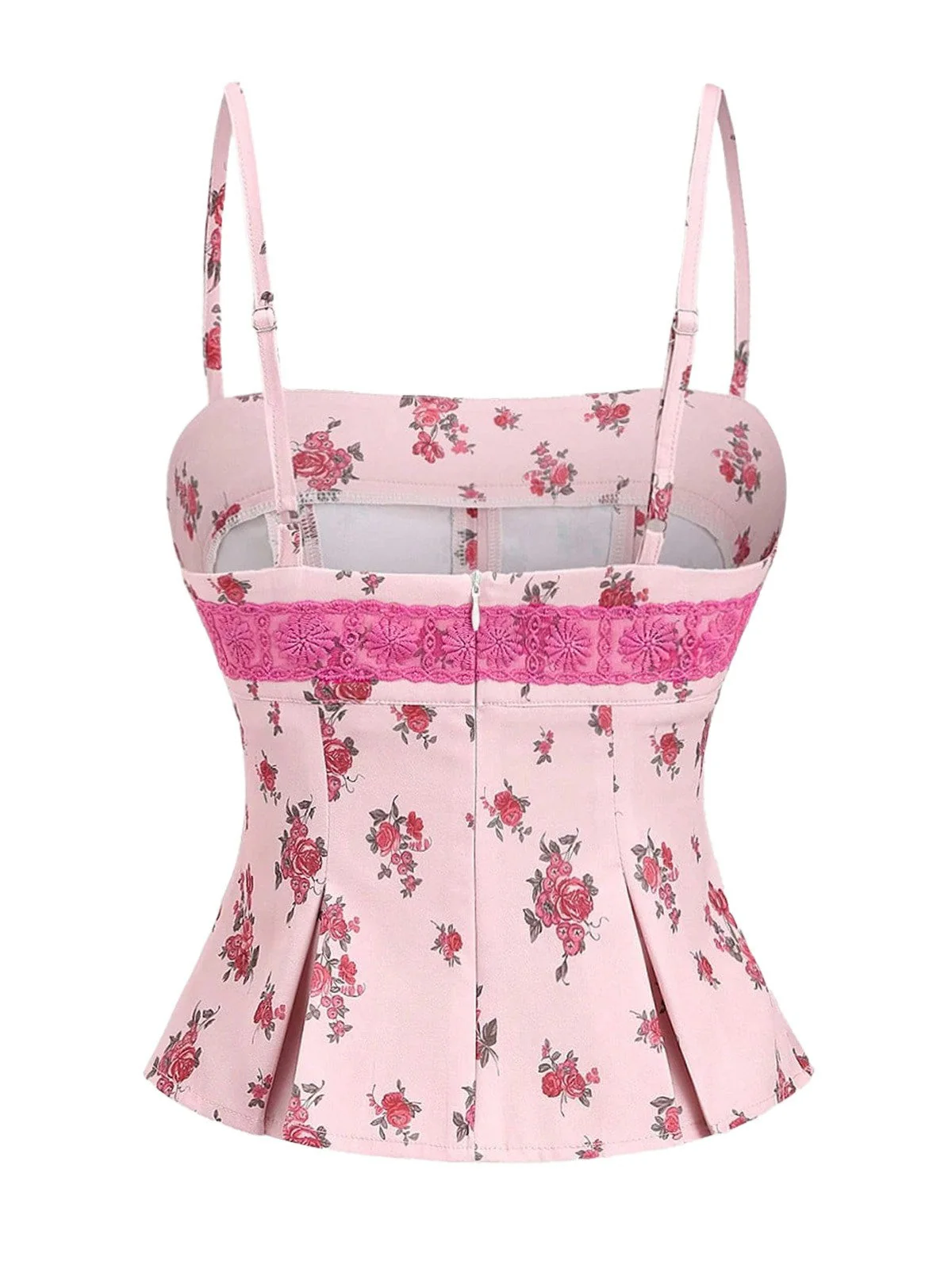 Rosa 1960er Blumen Spitze Patchwork Plissiertes Unterhemd - Image 3
