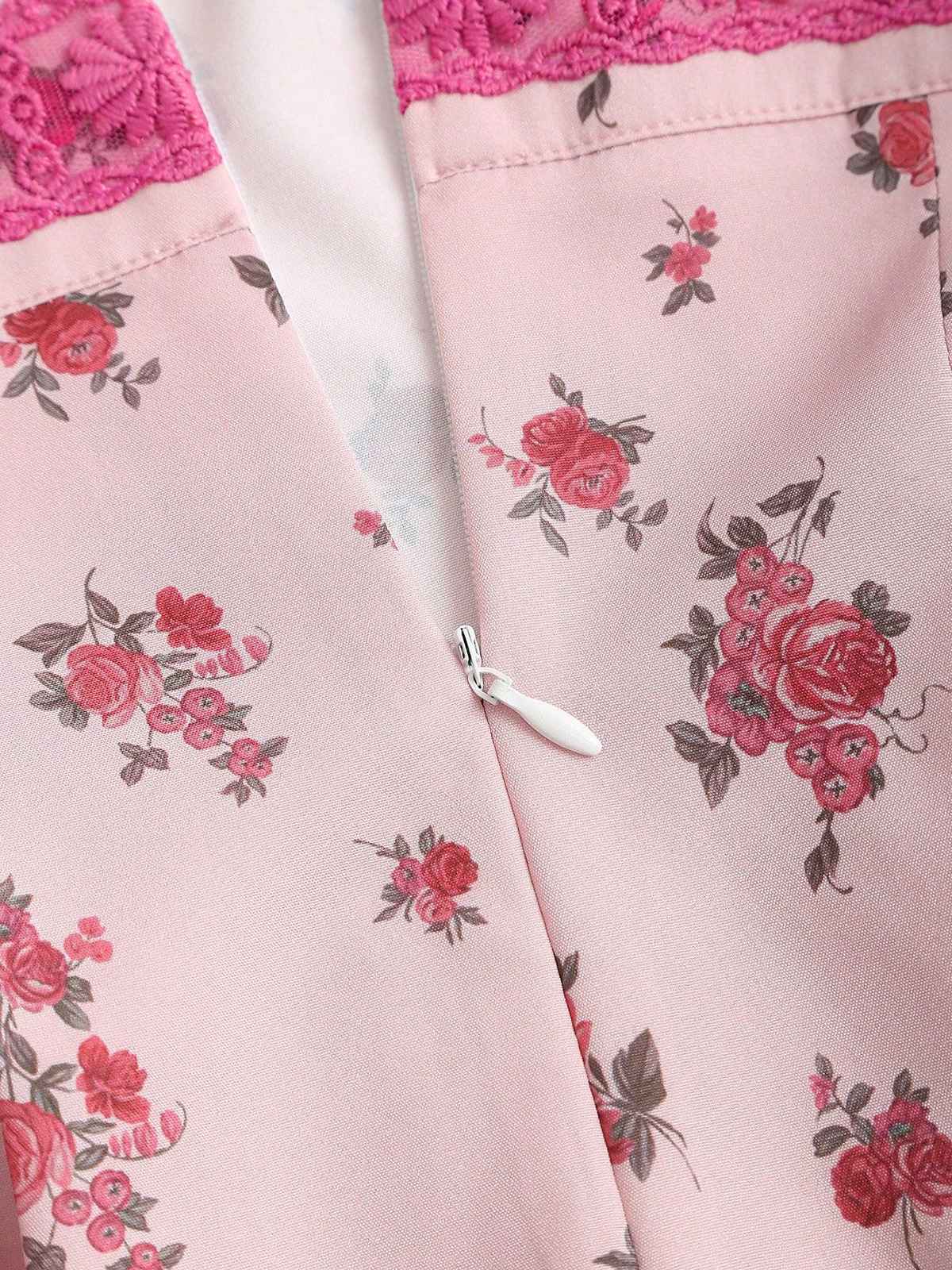 Rosa 1960er Blumen Spitze Patchwork Plissiertes Unterhemd - Image 5