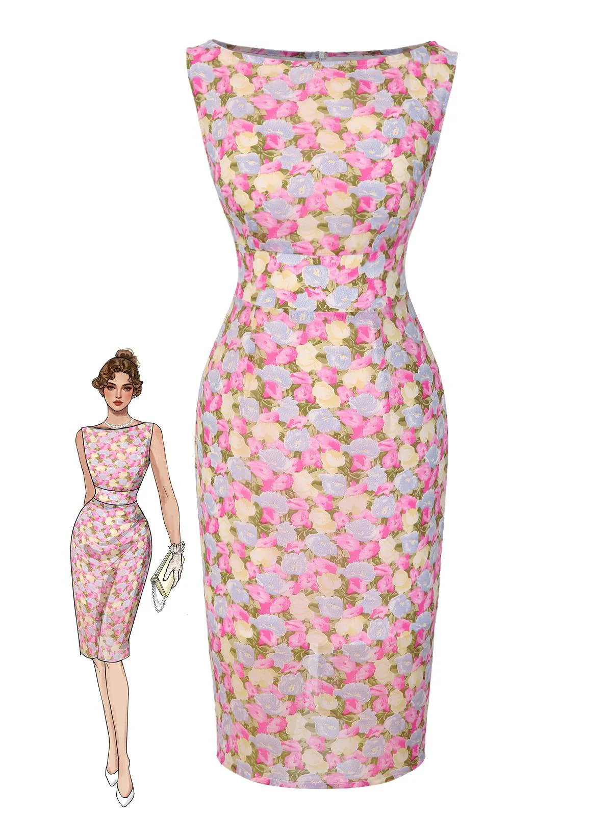Rosa 1960er Bootskragen Blumen Enges Kleid