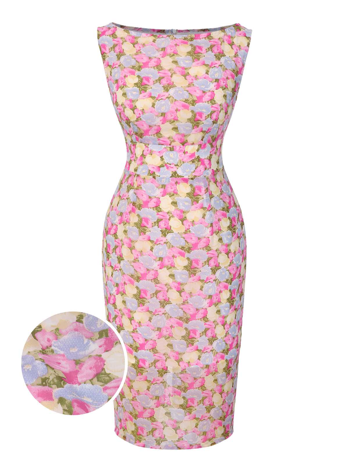 Rosa 1960er Bootskragen Blumen Enges Kleid - Image 2