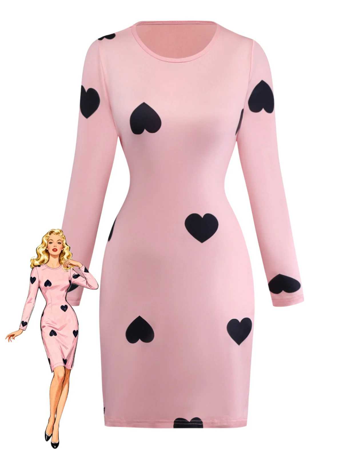 Rosa 1960er Herz Rundhals Enges Kleid
