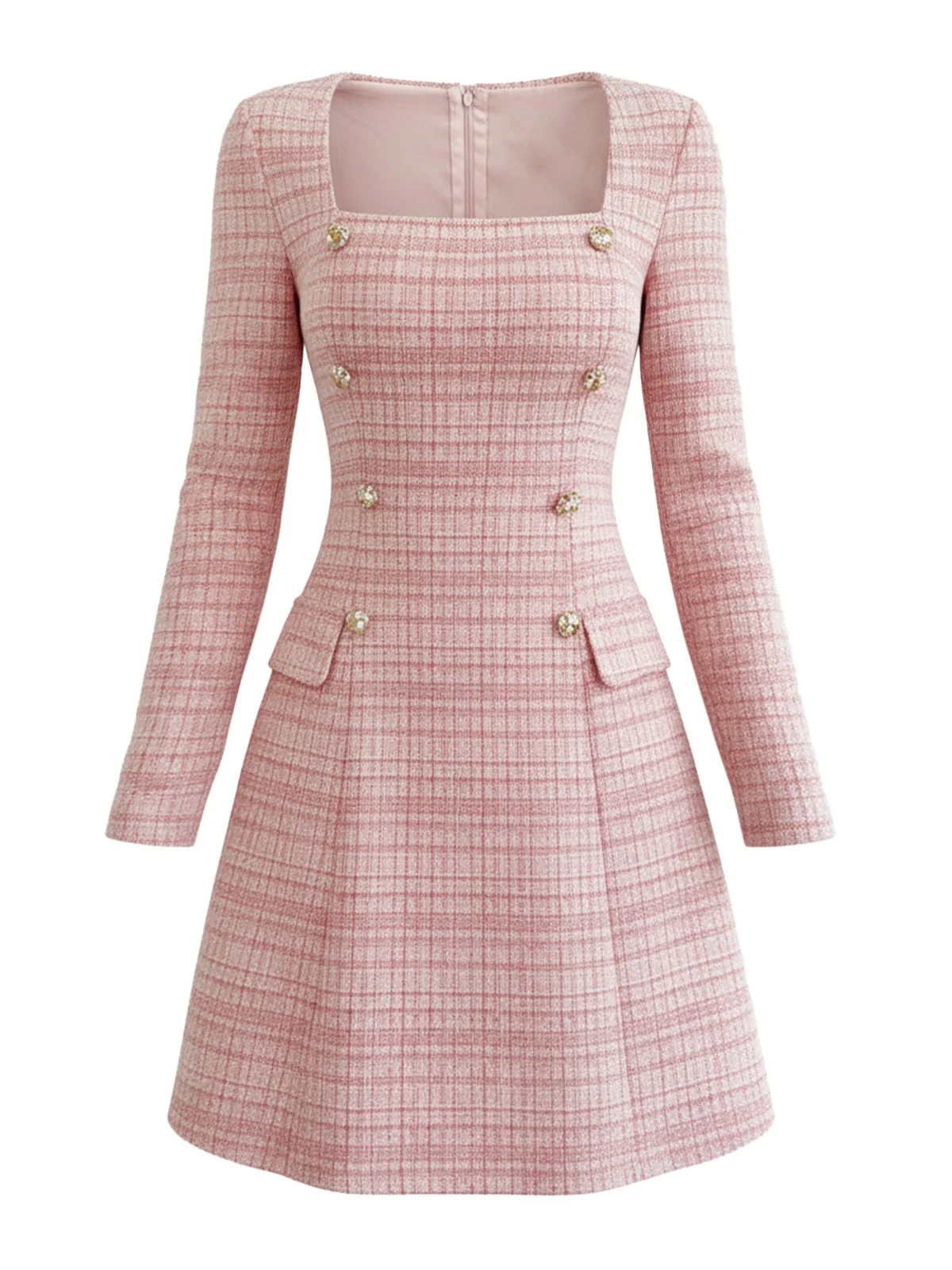 Rosa 1960er Kariert Tweed Geknöpft Quadratischer Hals Kleid - Image 2