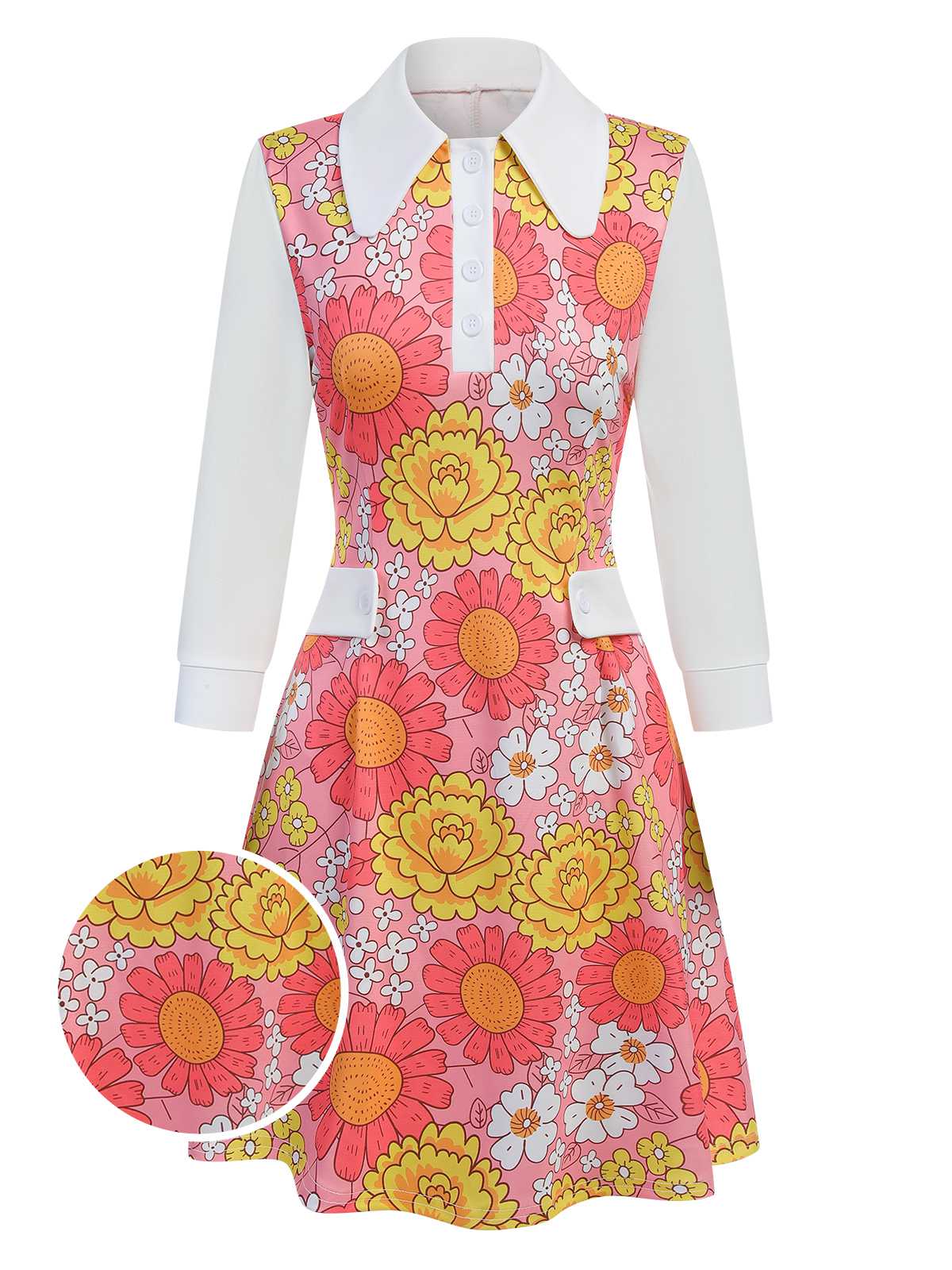 [Vorverkauf] Orange 1960er Revers Blumen Patchwork Kleid - Image 8