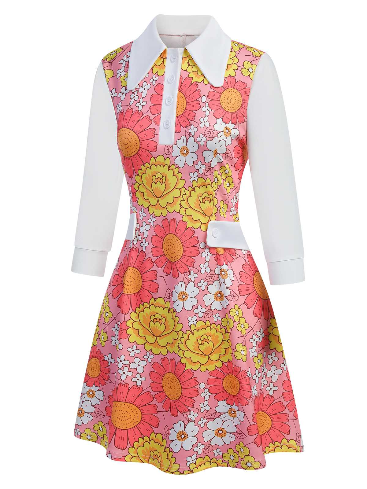 [Vorverkauf] Orange 1960er Revers Blumen Patchwork Kleid - Image 10