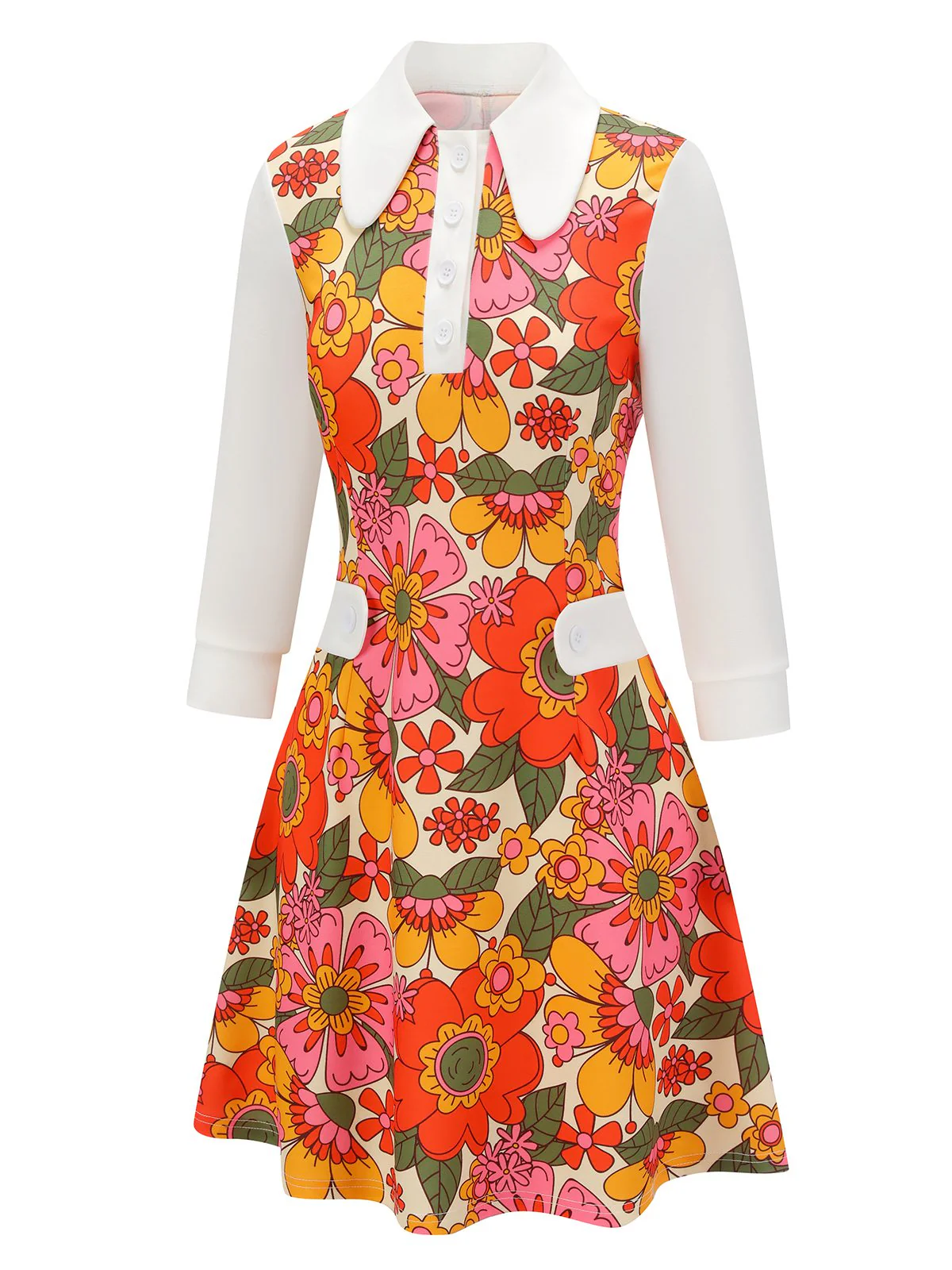 [Vorverkauf] Orange 1960er Revers Blumen Patchwork Kleid - Image 3