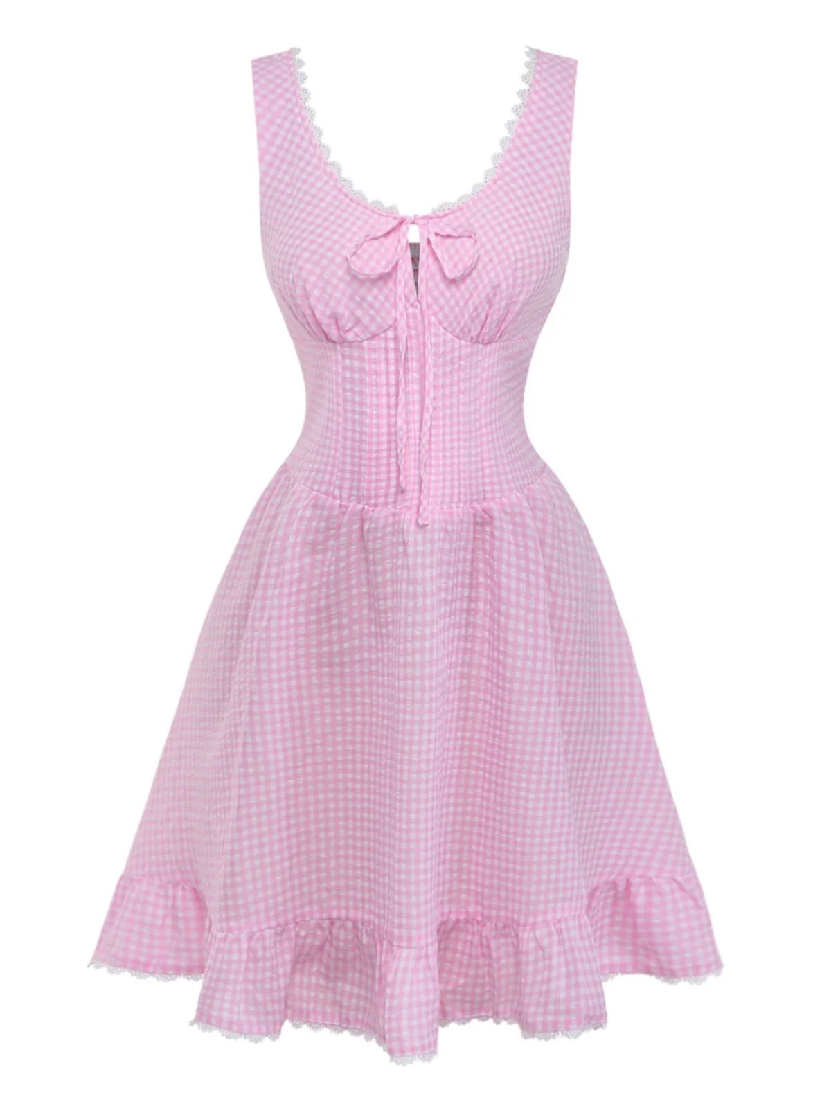 Rosa 1960er Schleife Spitze Vichy-Karo Schnürung Kleid - Image 2