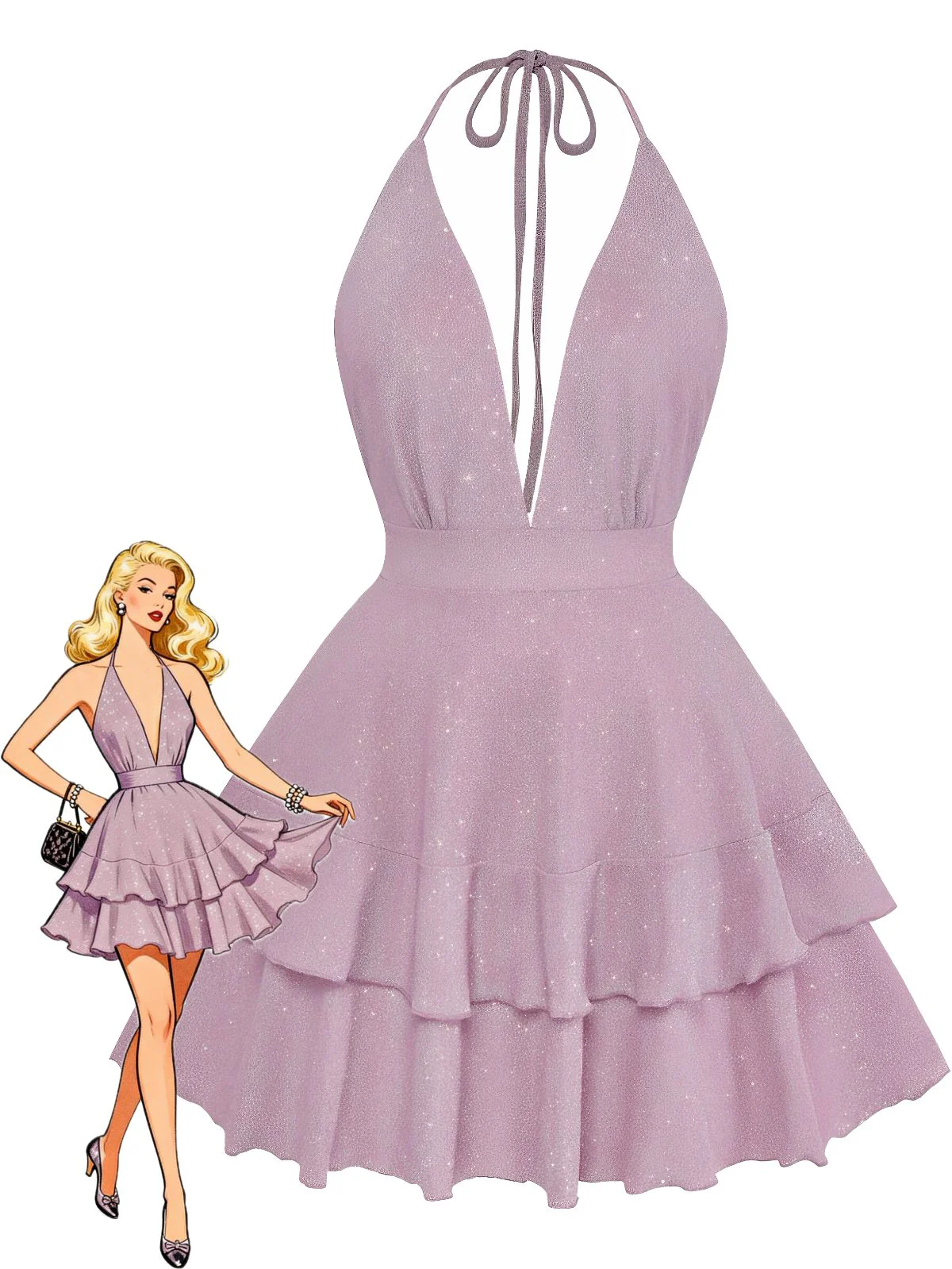 Rosa 1960er Solide Glitzer Tief V-Ausschnitt Mini Kleid