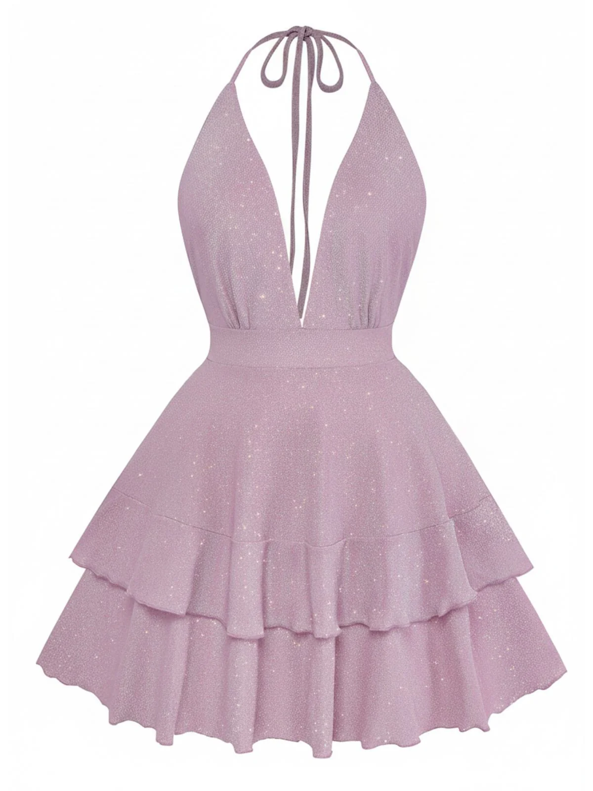 Rosa 1960er Solide Glitzer Tief V-Ausschnitt Mini Kleid - Image 2