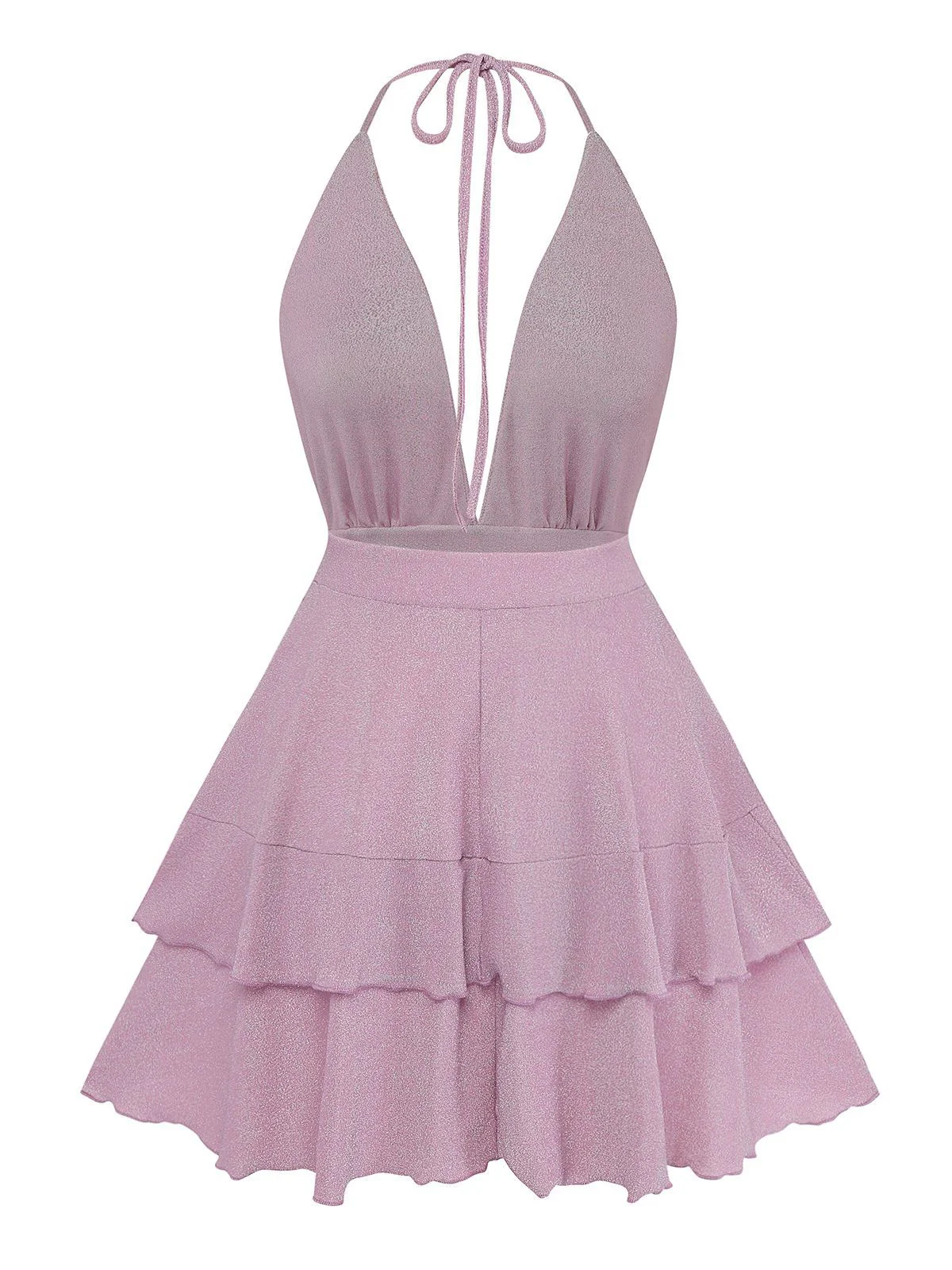 Rosa 1960er Solide Glitzer Tief V-Ausschnitt Mini Kleid - Image 3