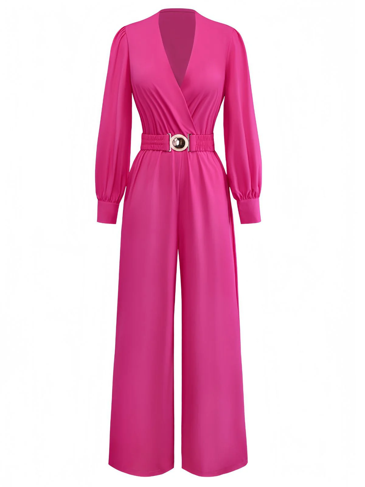 Rosa 1960er Solide Tiefer V Gürtel Laternenärmel Jumpsuit - Image 2
