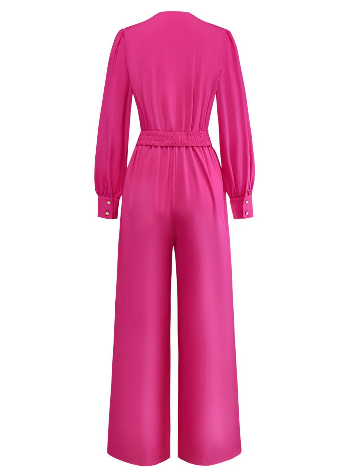 Rosa 1960er Solide Tiefer V Gürtel Laternenärmel Jumpsuit - Image 3