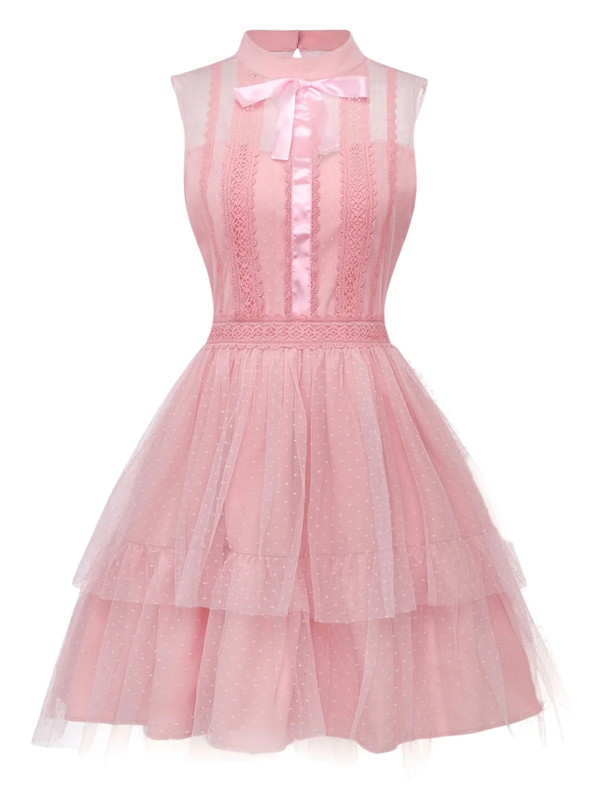 Rosa 1960er Spitze Trim Schleife Bogen Ärmellos Tüll Kleid - Image 2