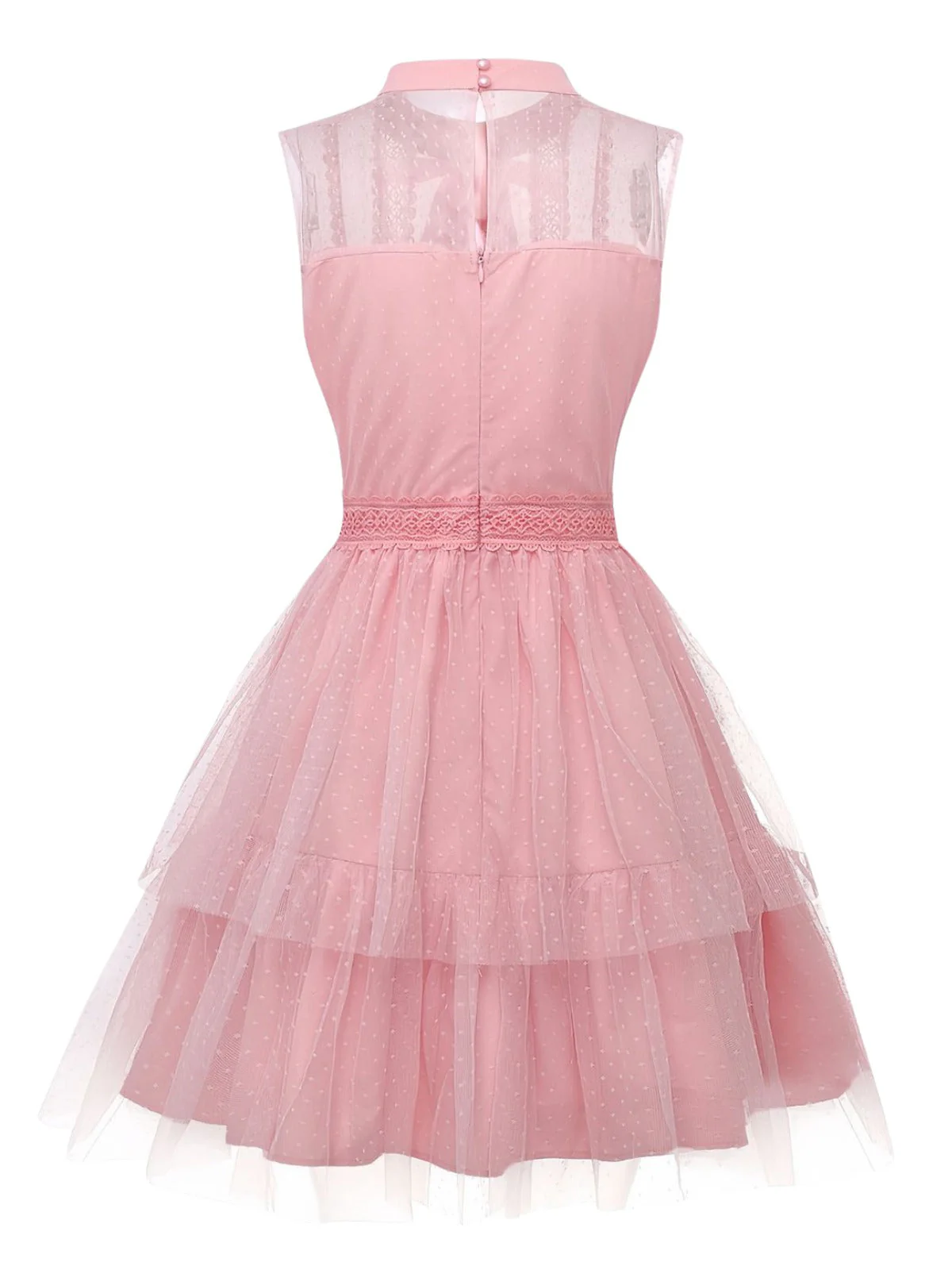 Rosa 1960er Spitze Trim Schleife Bogen Ärmellos Tüll Kleid - Image 3
