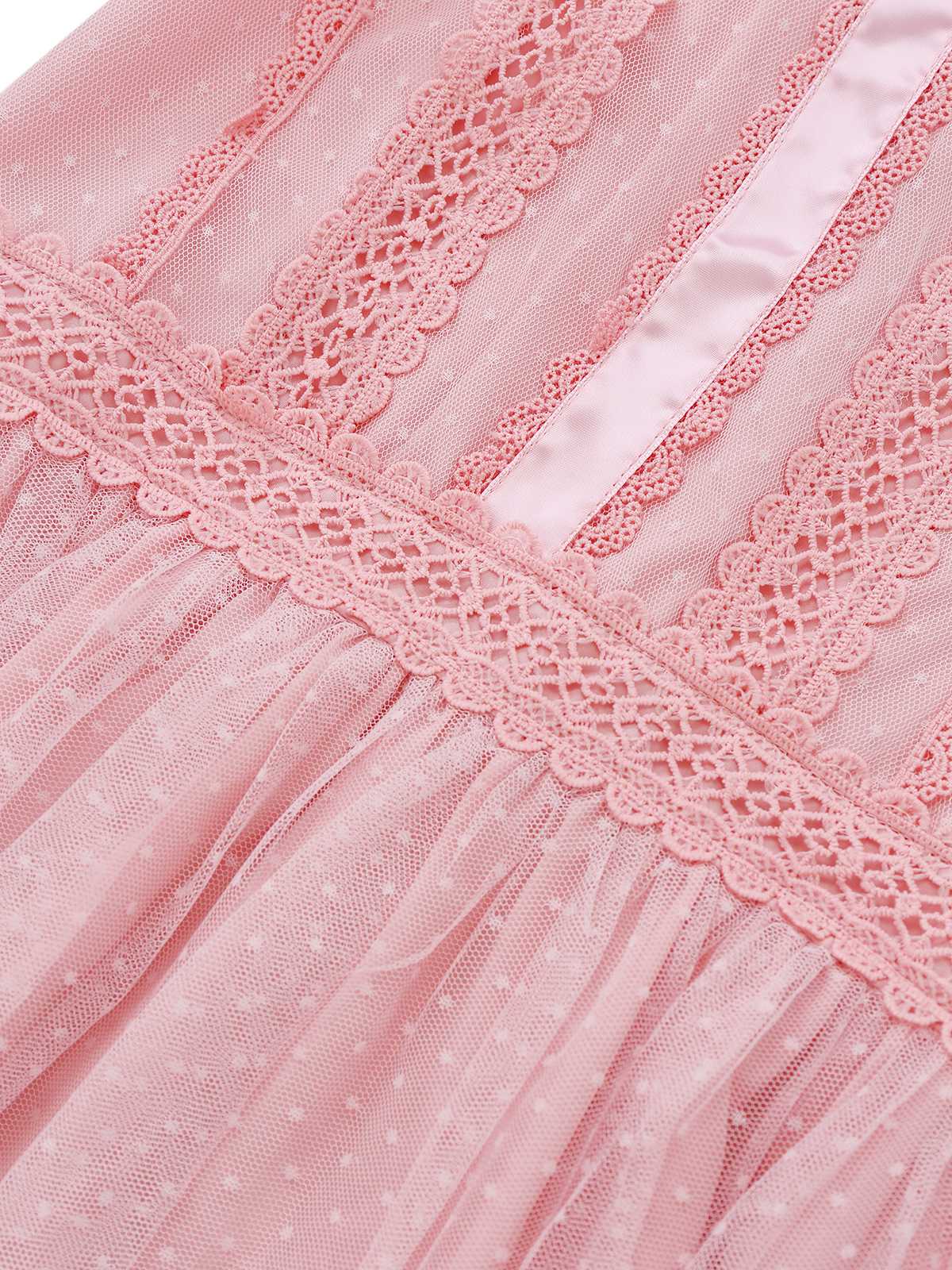 Rosa 1960er Spitze Trim Schleife Bogen Ärmellos Tüll Kleid - Image 6