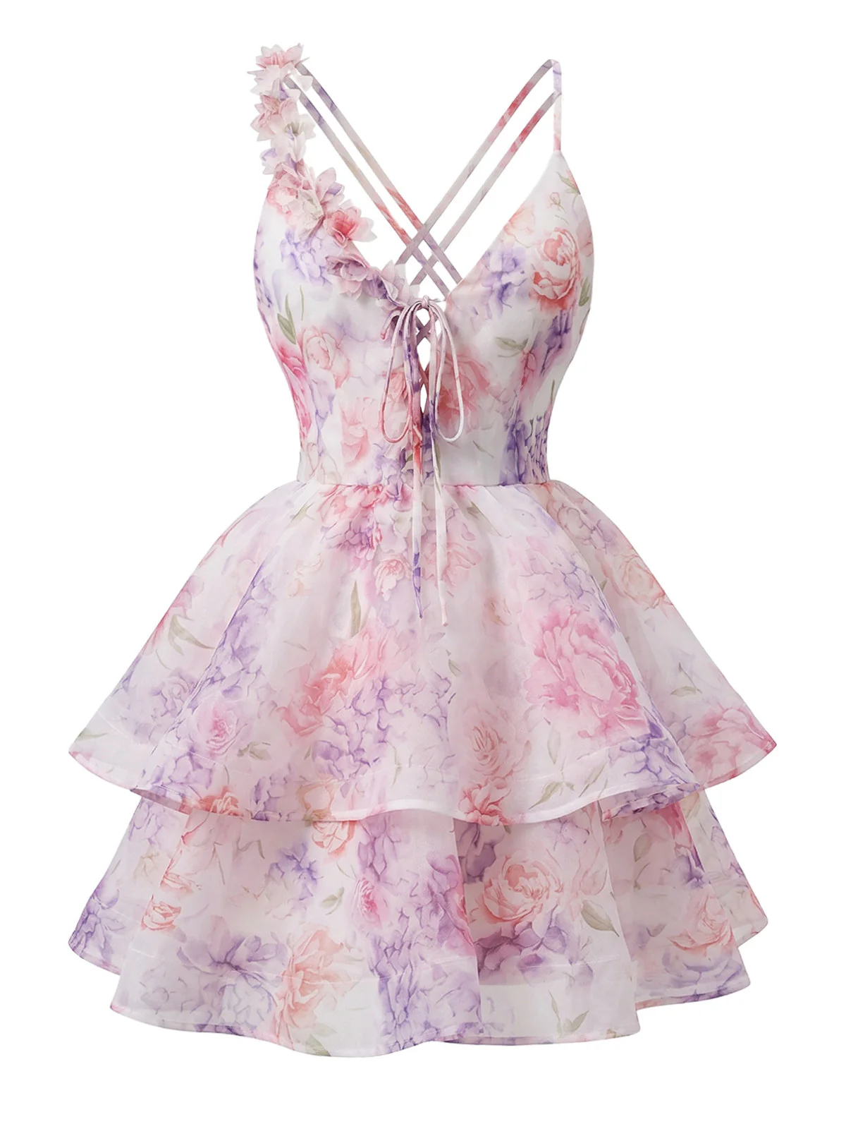 Rosa 1960er Tiefer Ausschnitt 3D Blume Gestuft Rückenfrei Mini Kleid - Image 2
