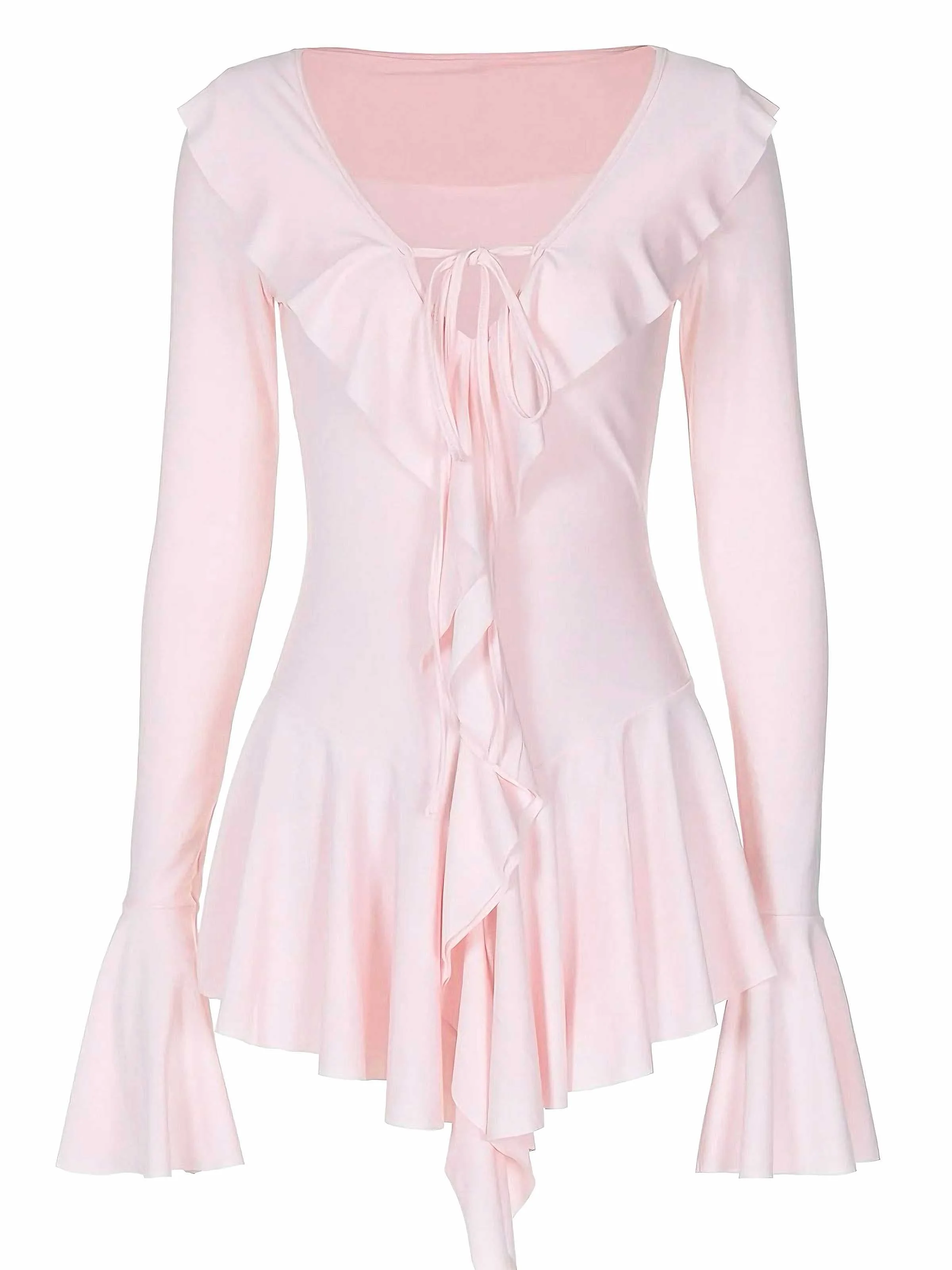 Rosa 1960er V-Ausschnitt Rüschen Ausgestellt Ärmel Kleid - Image 4