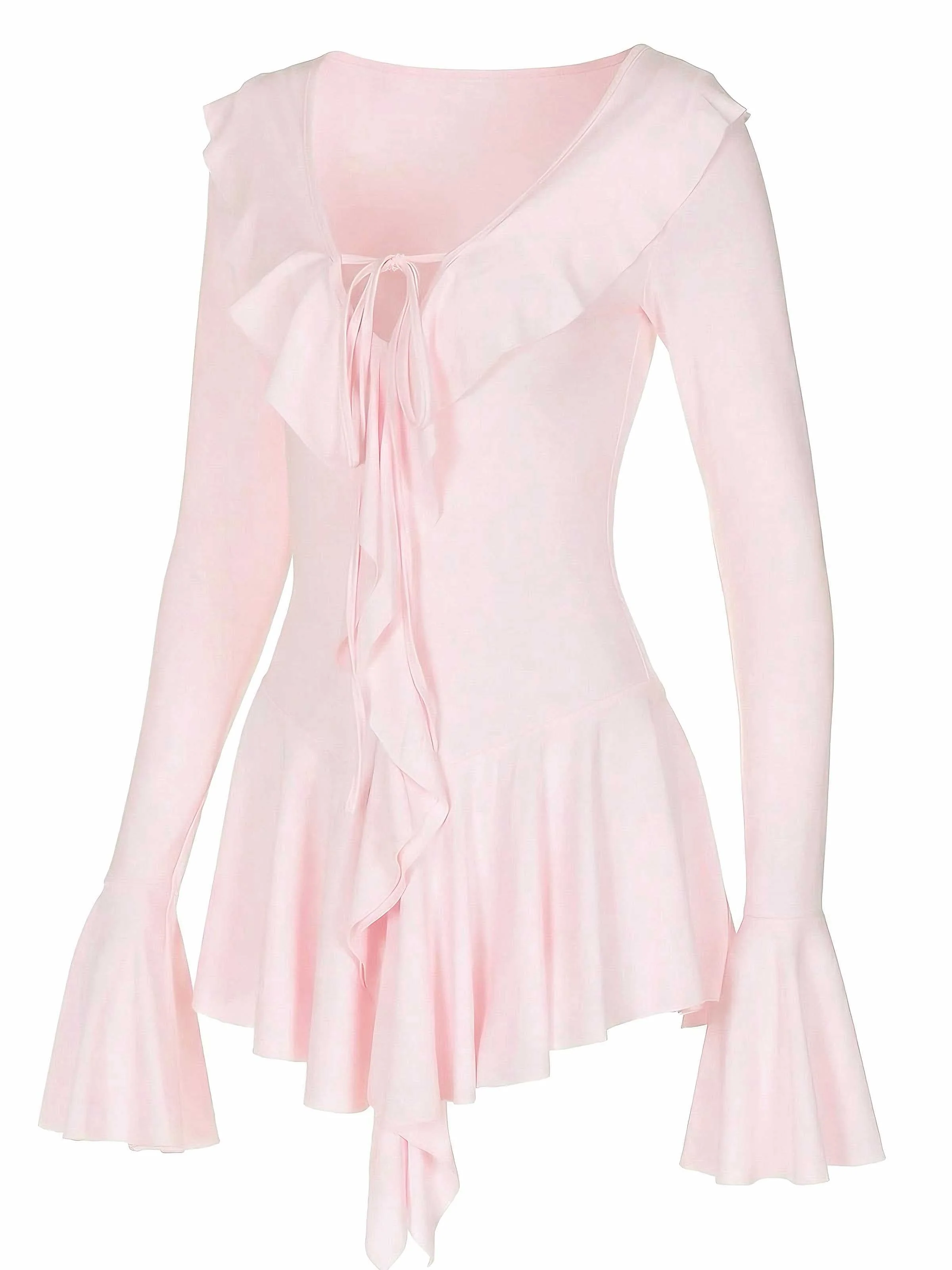 Rosa 1960er V-Ausschnitt Rüschen Ausgestellt Ärmel Kleid - Image 5