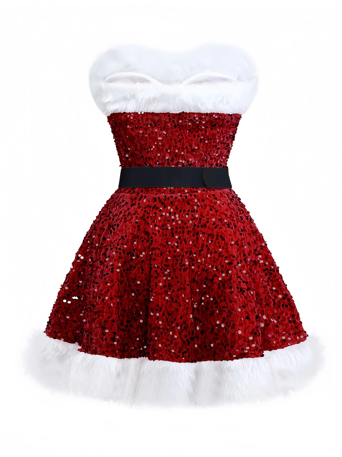 Rot 1960er Weihnachten Fell Pailletten Trägerlos Kleid - Image 2