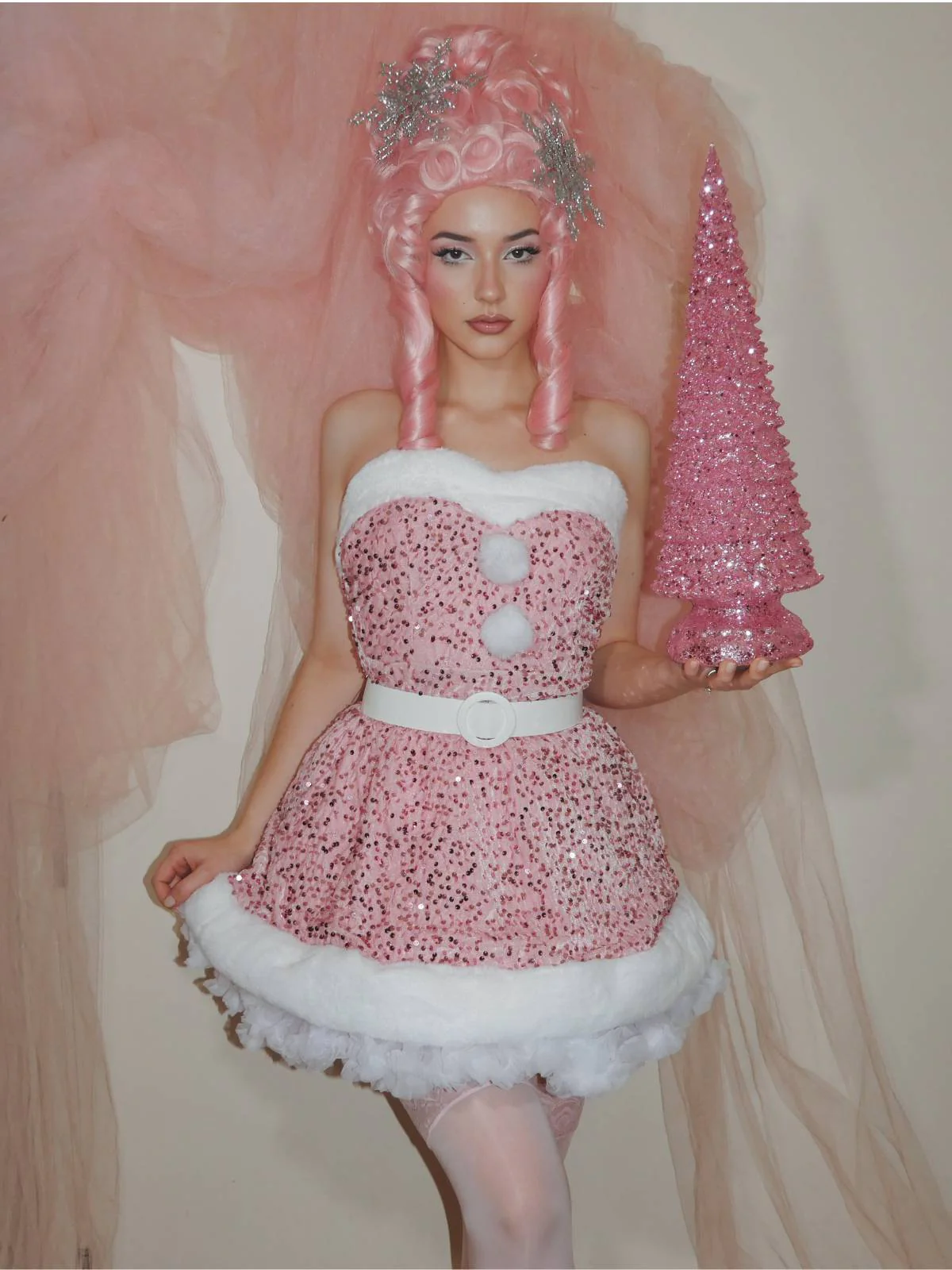 Rosa 1960er Weihnachten Fell Pailletten Trägerlos Kleid - Image 2