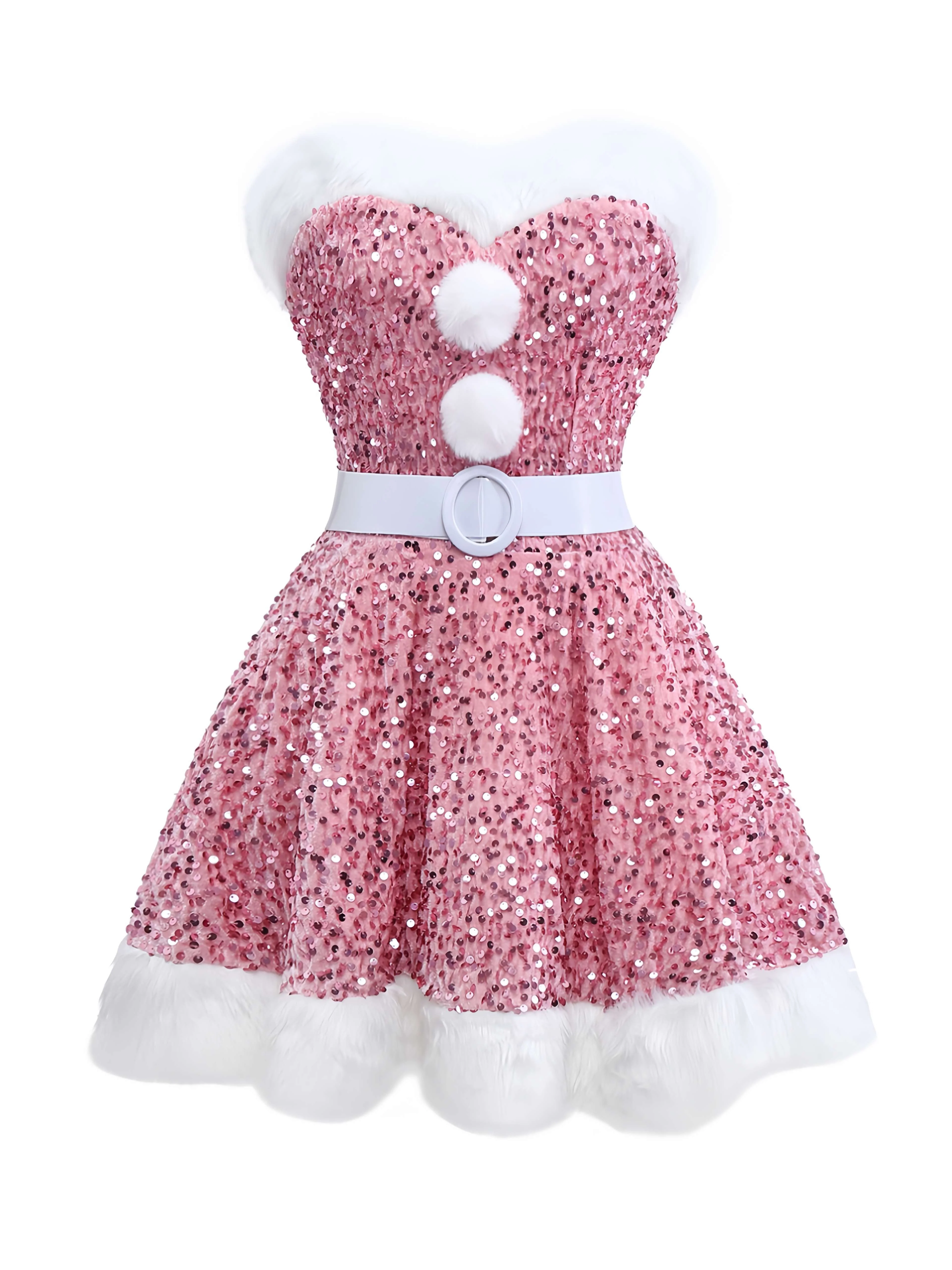 Rot 1960er Weihnachten Fell Pailletten Trägerlos Kleid - Image 5