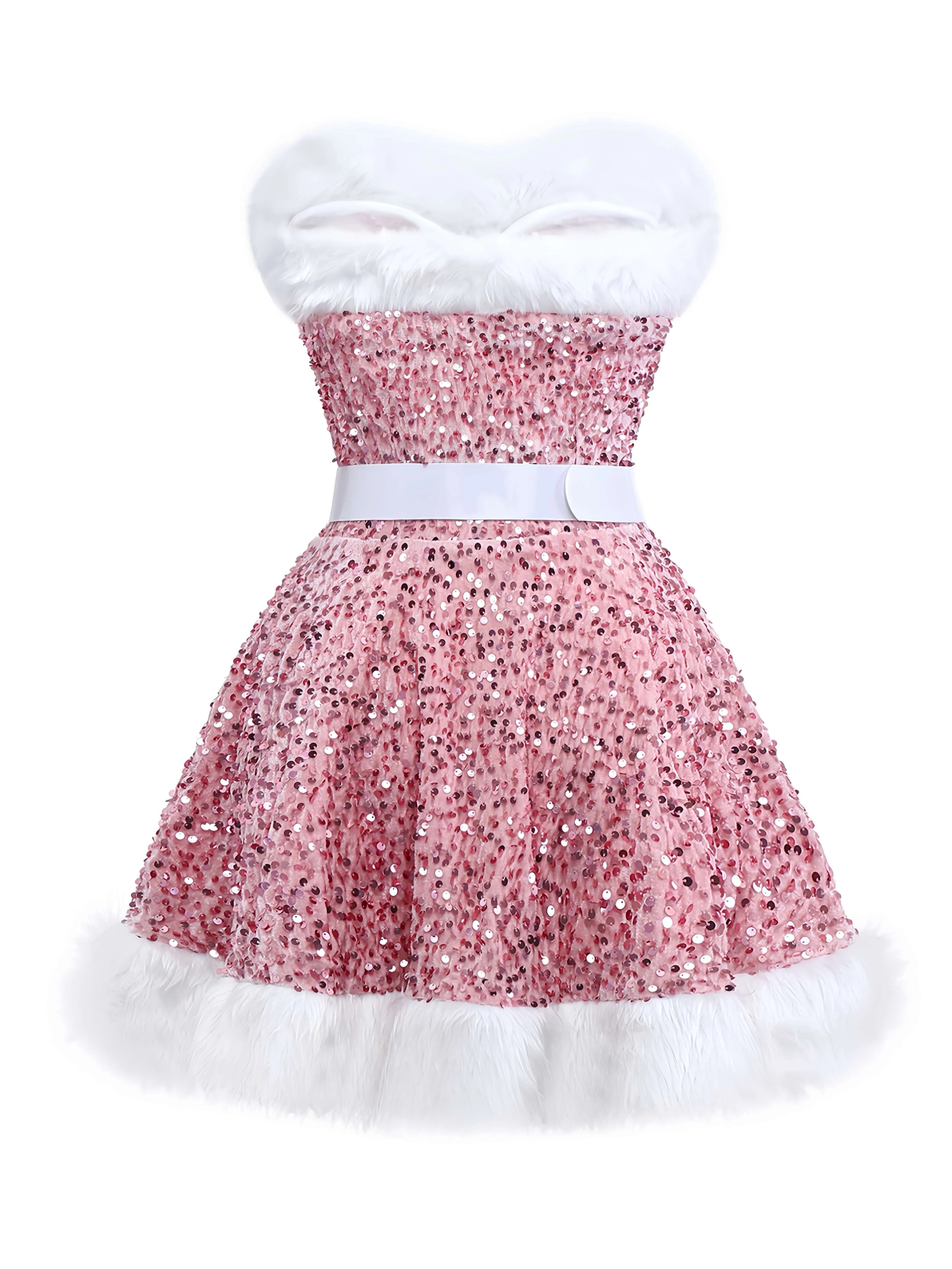 Rot 1960er Weihnachten Fell Pailletten Trägerlos Kleid - Image 6
