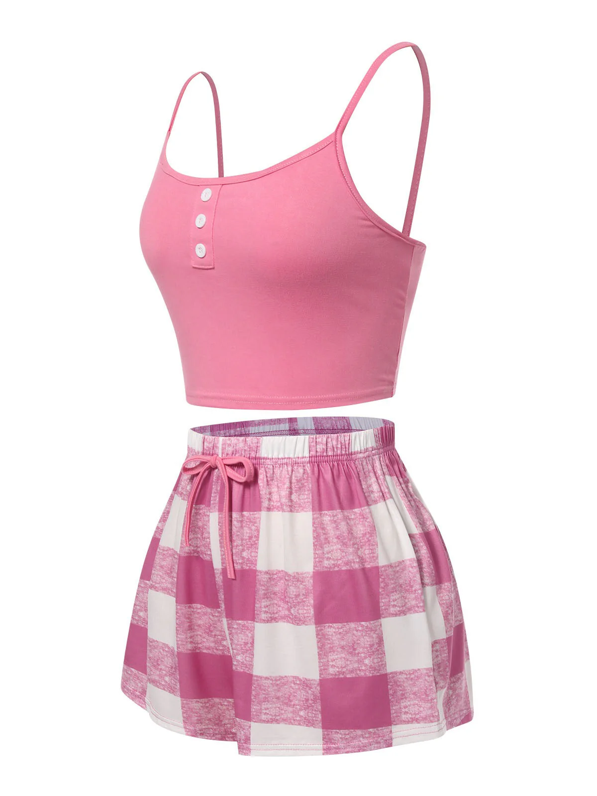 Rosa 1970er Camisole Top & Plaid Shorts Schlafanzug - Image 3
