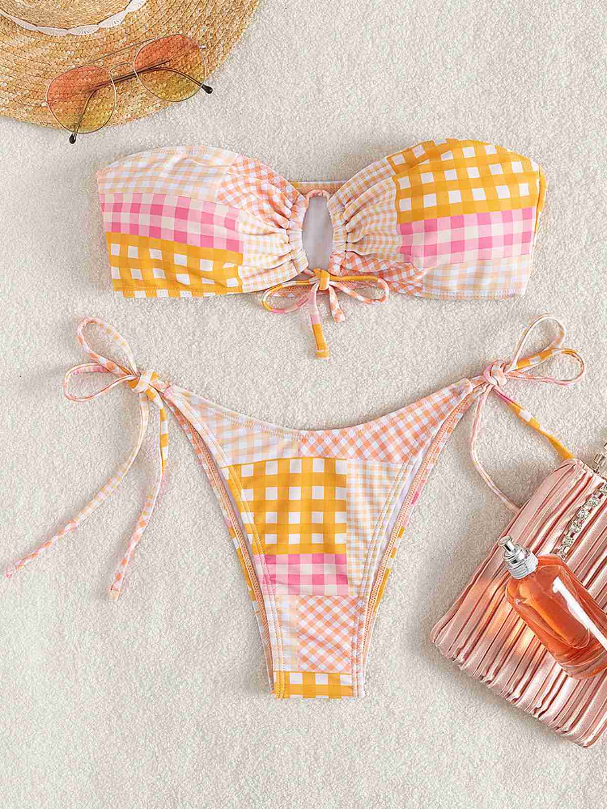 Rosa 1970er Gingham Plaid Bandeau Bikini Set - Image 4