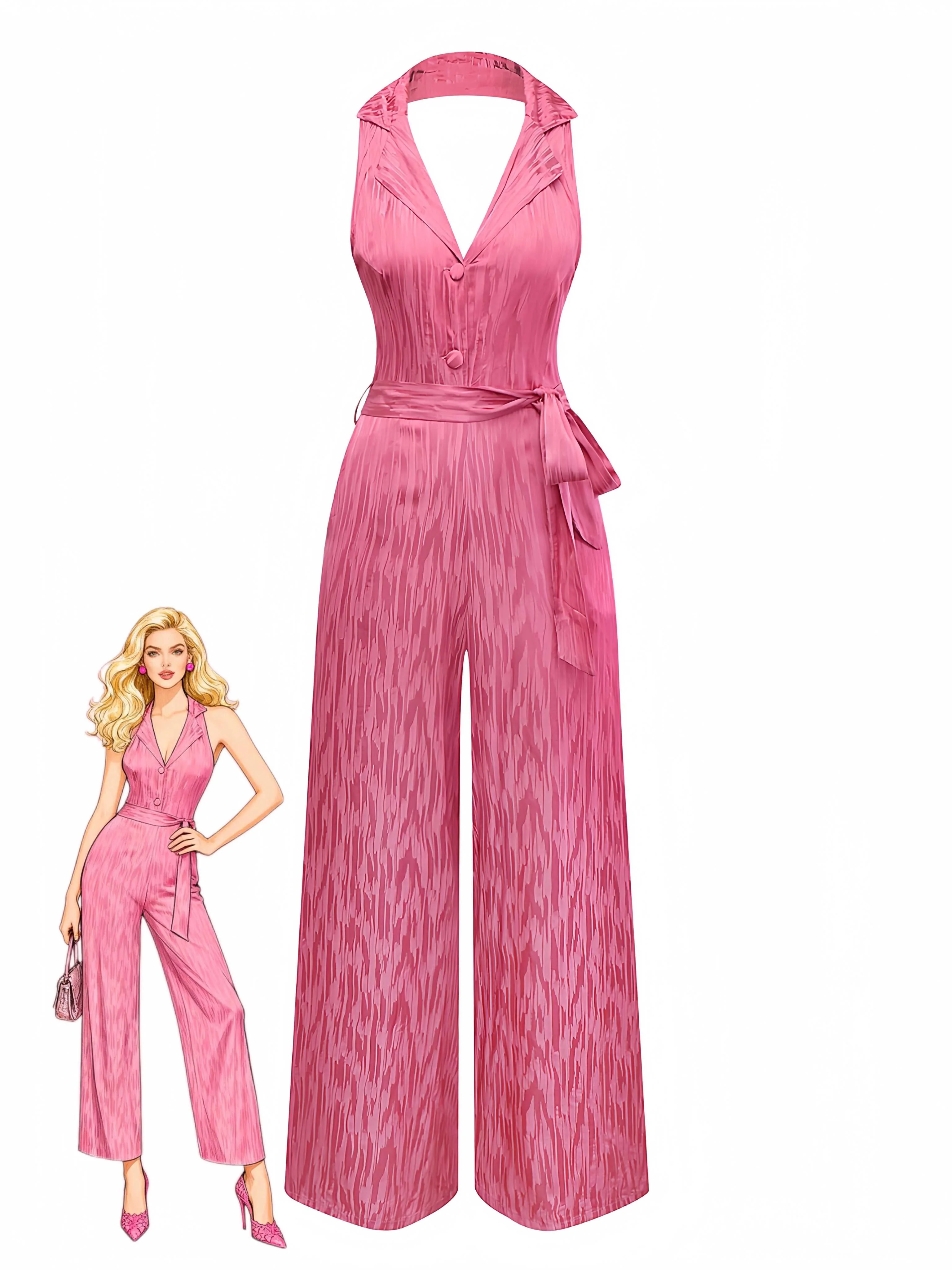 Rosa 1970er Halter Revers Satin Jumpsuit