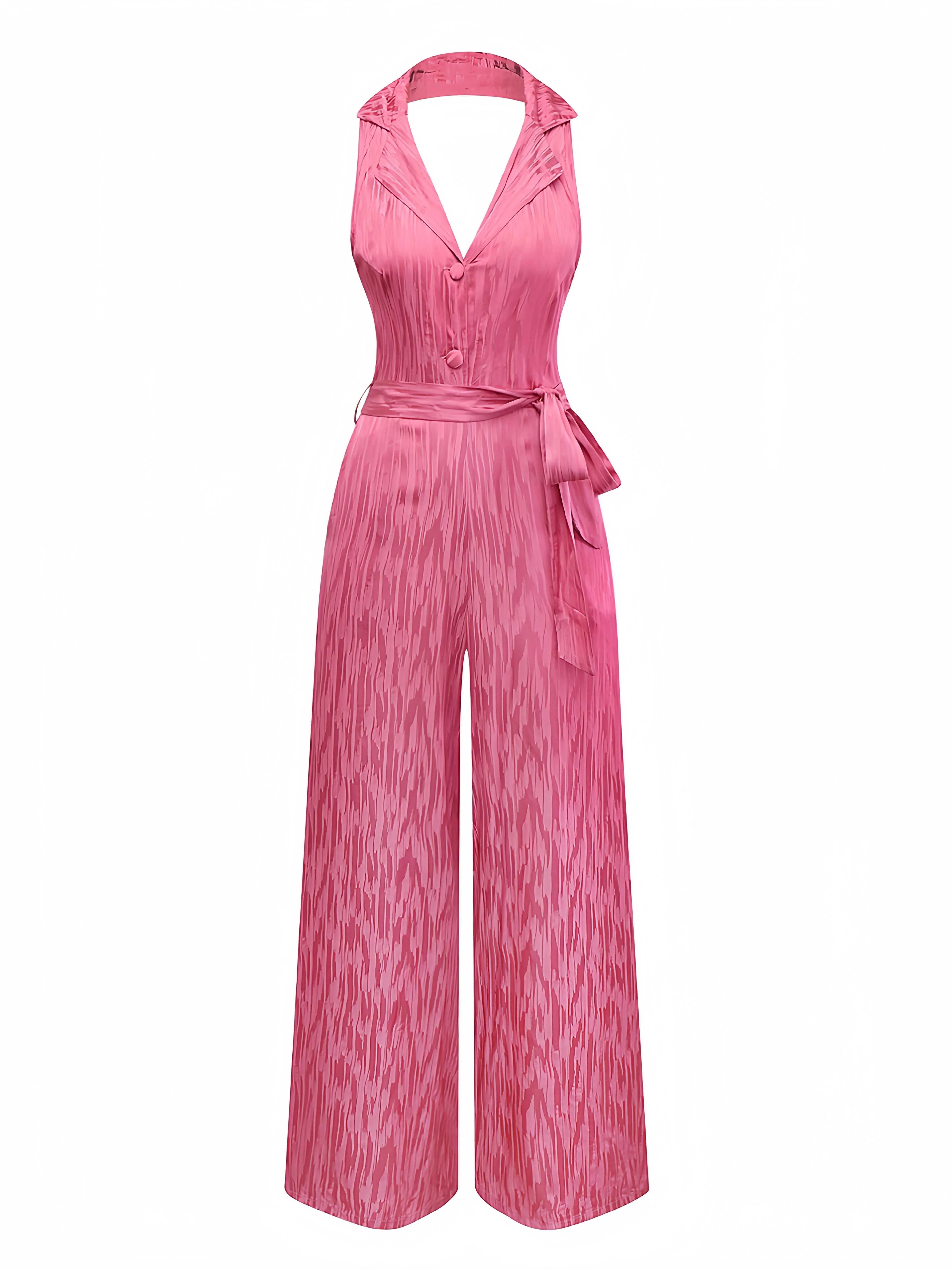 Rosa 1970er Halter Revers Satin Jumpsuit - Image 2