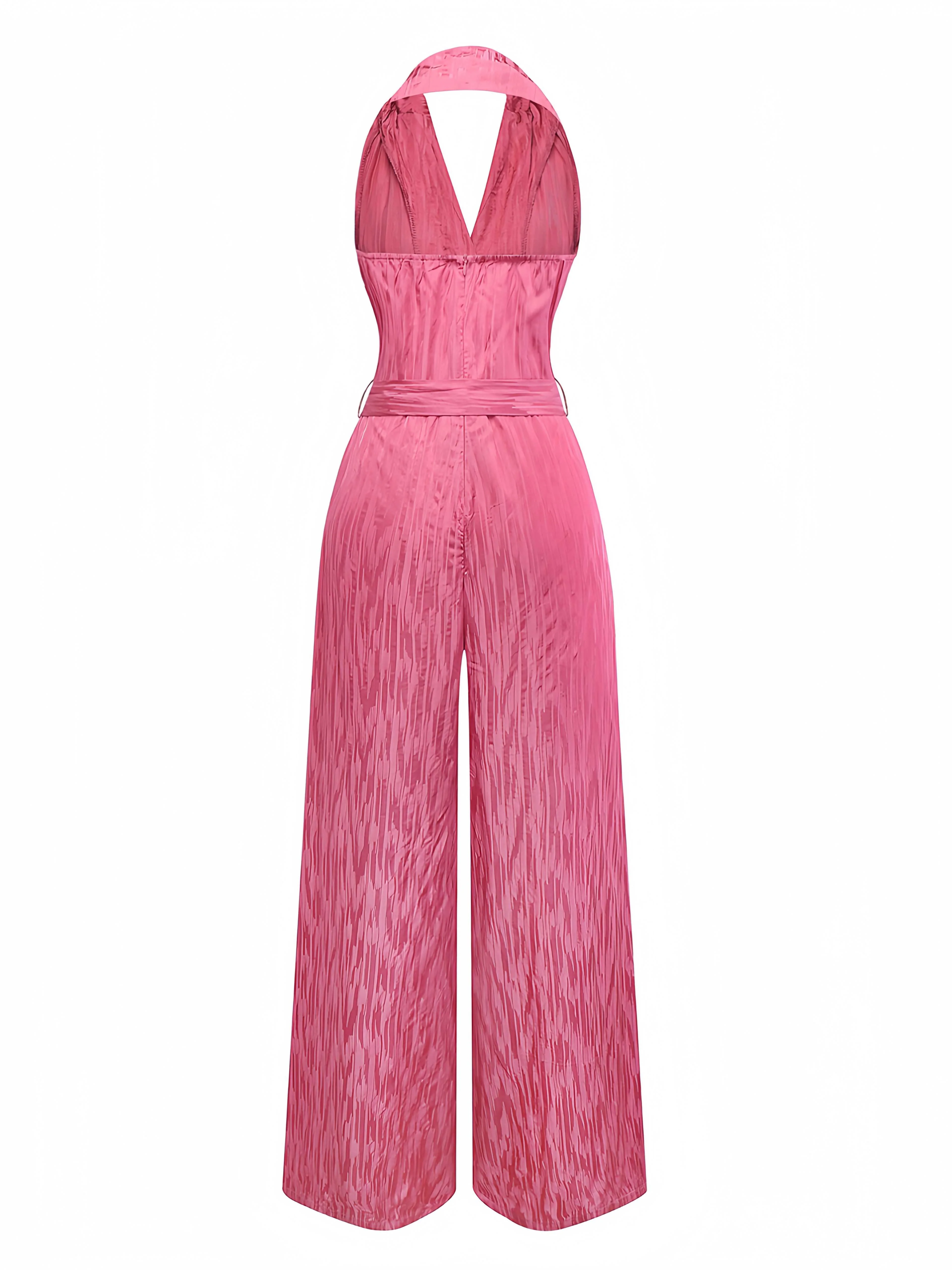 Rosa 1970er Halter Revers Satin Jumpsuit - Image 3